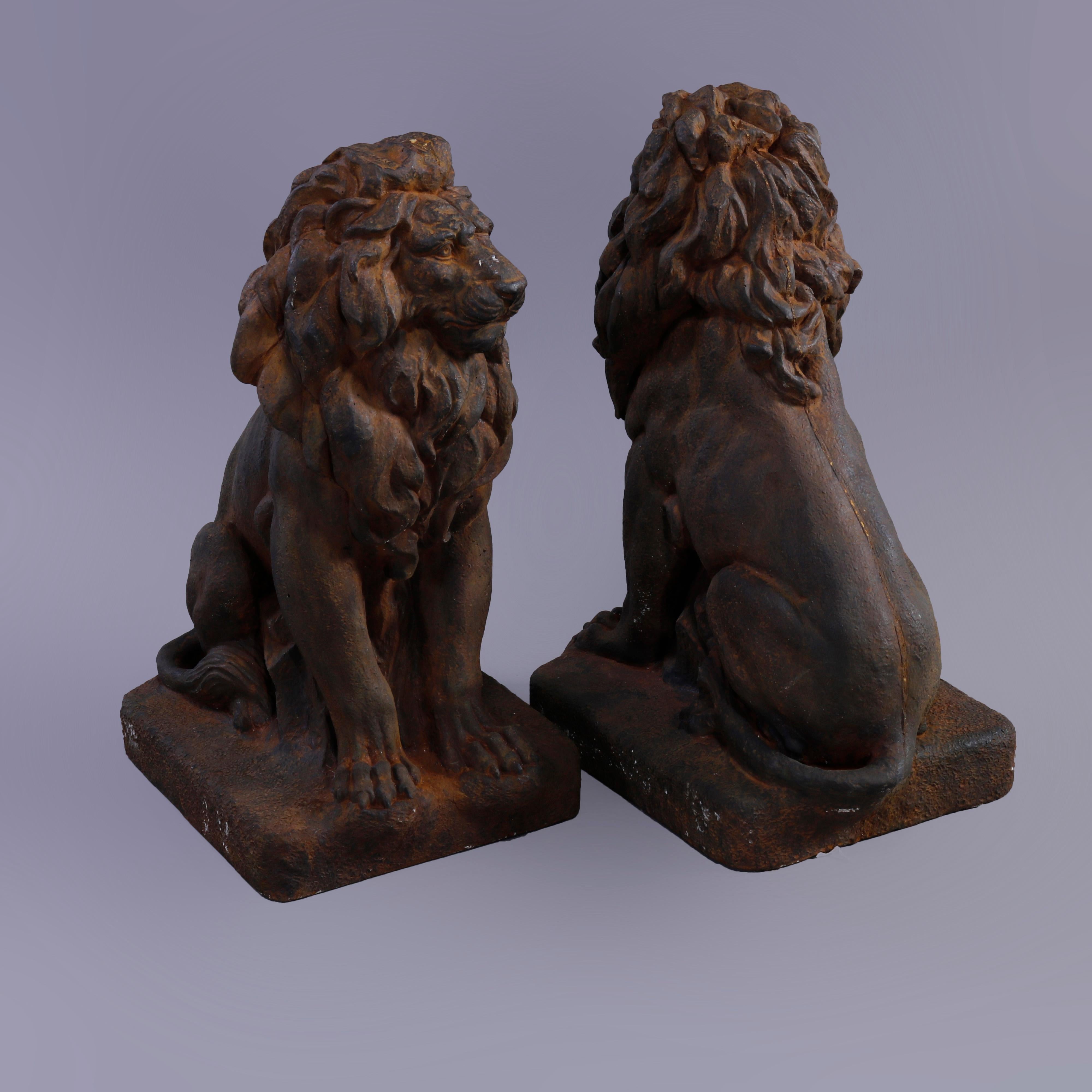 American Cast Hard Stone Classical Seated Lion Garden Statues in Bronzed Finish, 20th C