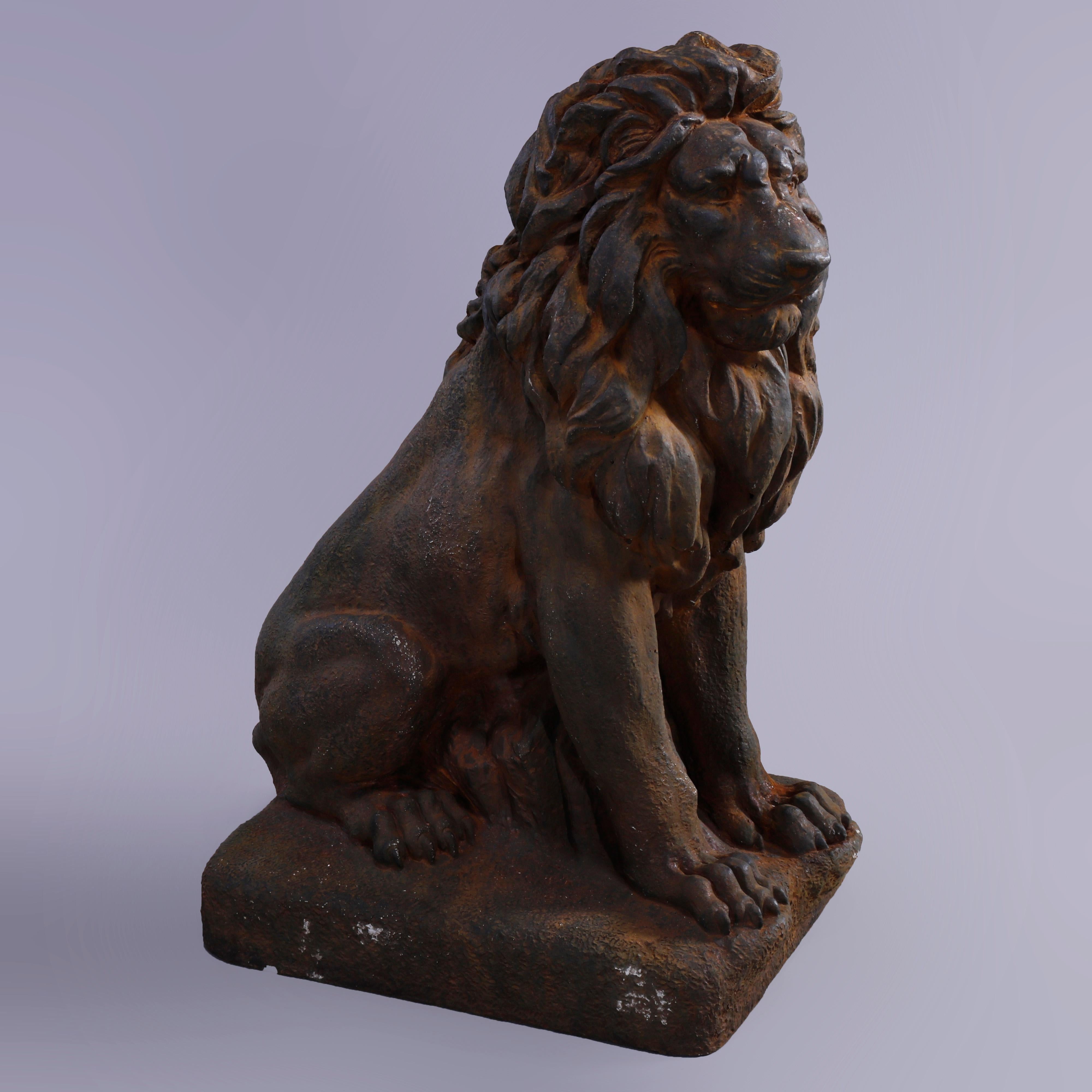 Cast Hard Stone Classical Seated Lion Garden Statues in Bronzed Finish, 20th C In Good Condition In Big Flats, NY