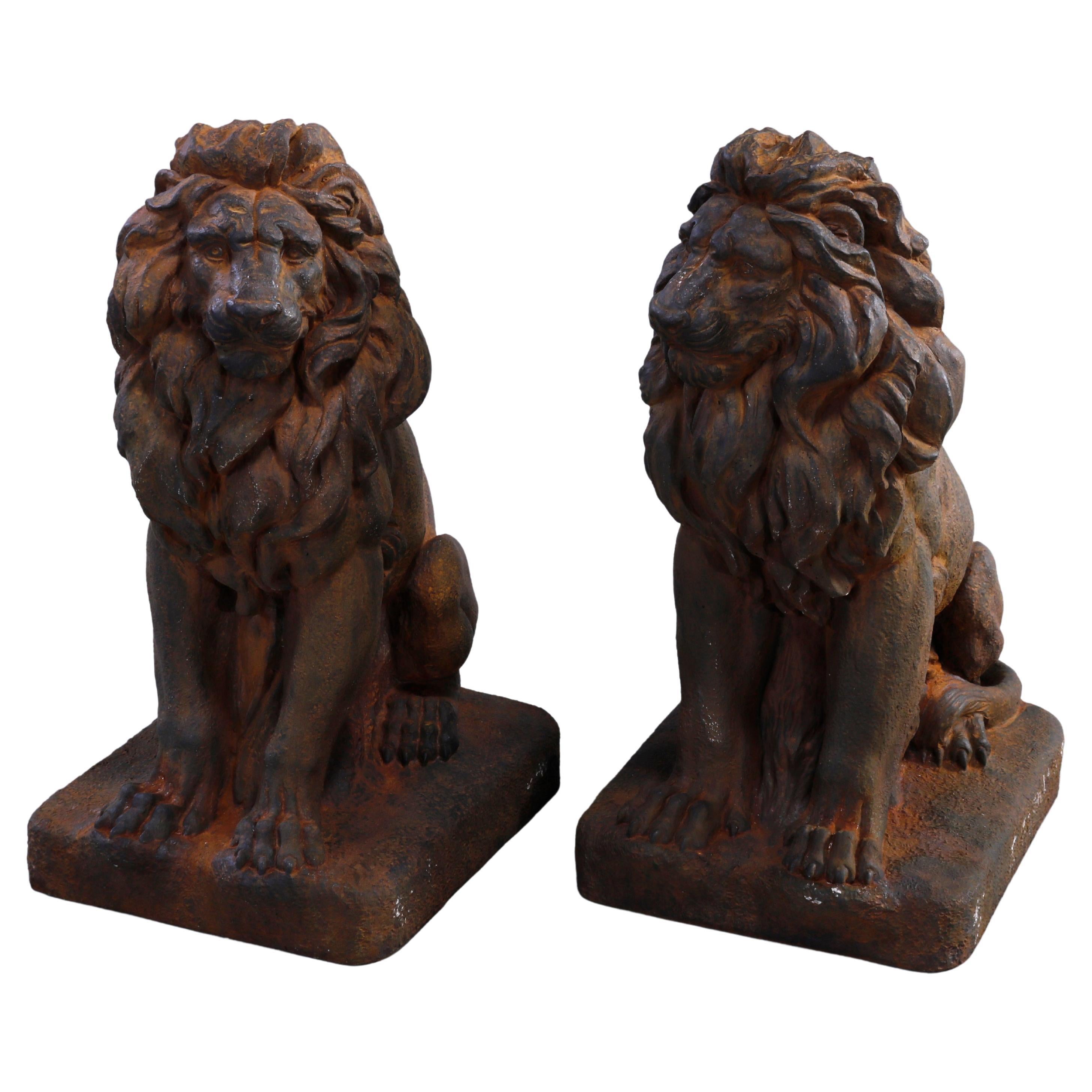 Cast Hard Stone Classical Seated Lion Garden Statues in Bronzed Finish, 20th C