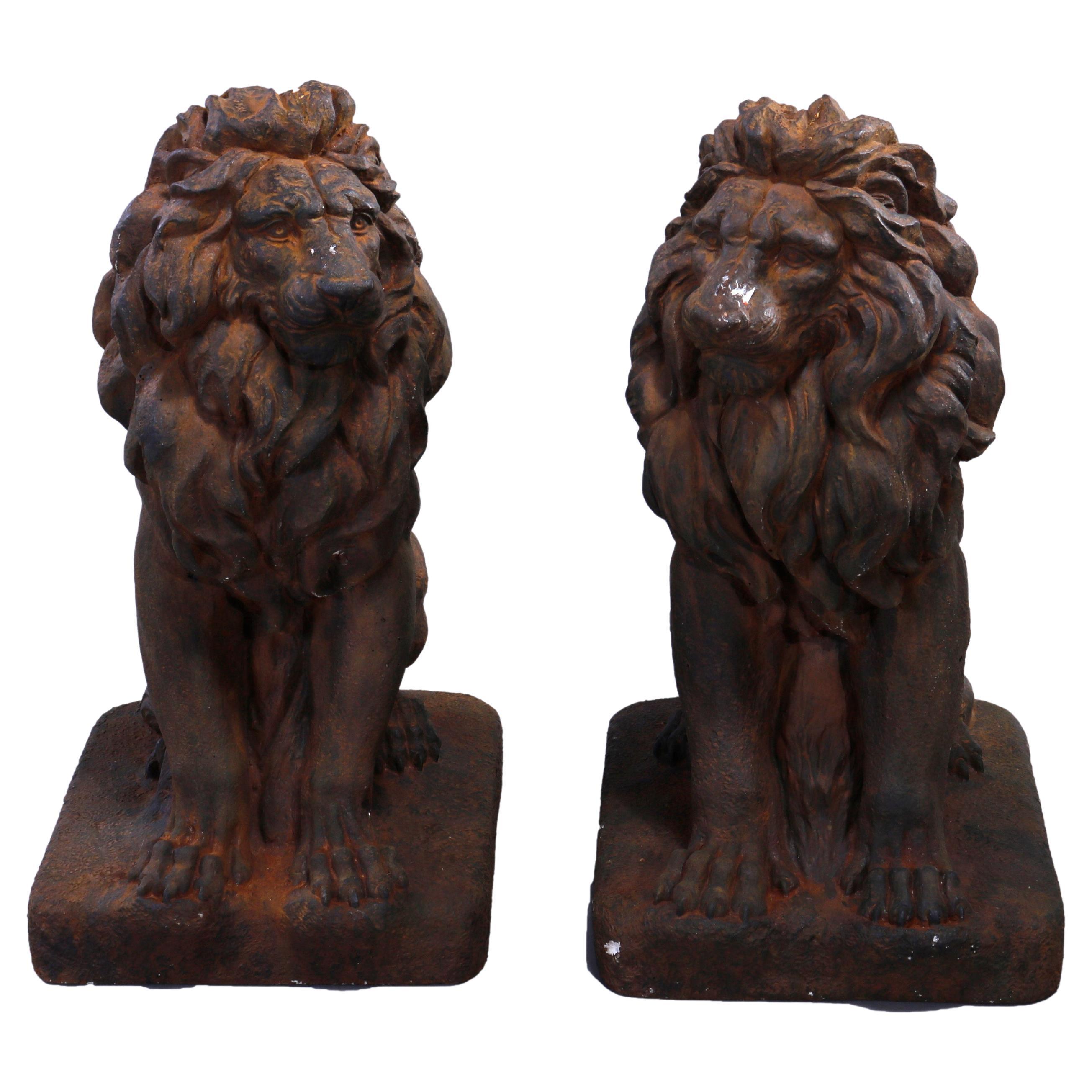 Cast Hard Stone Classical Seated Lion Garden Statues in Bronzed Finish, 20th C