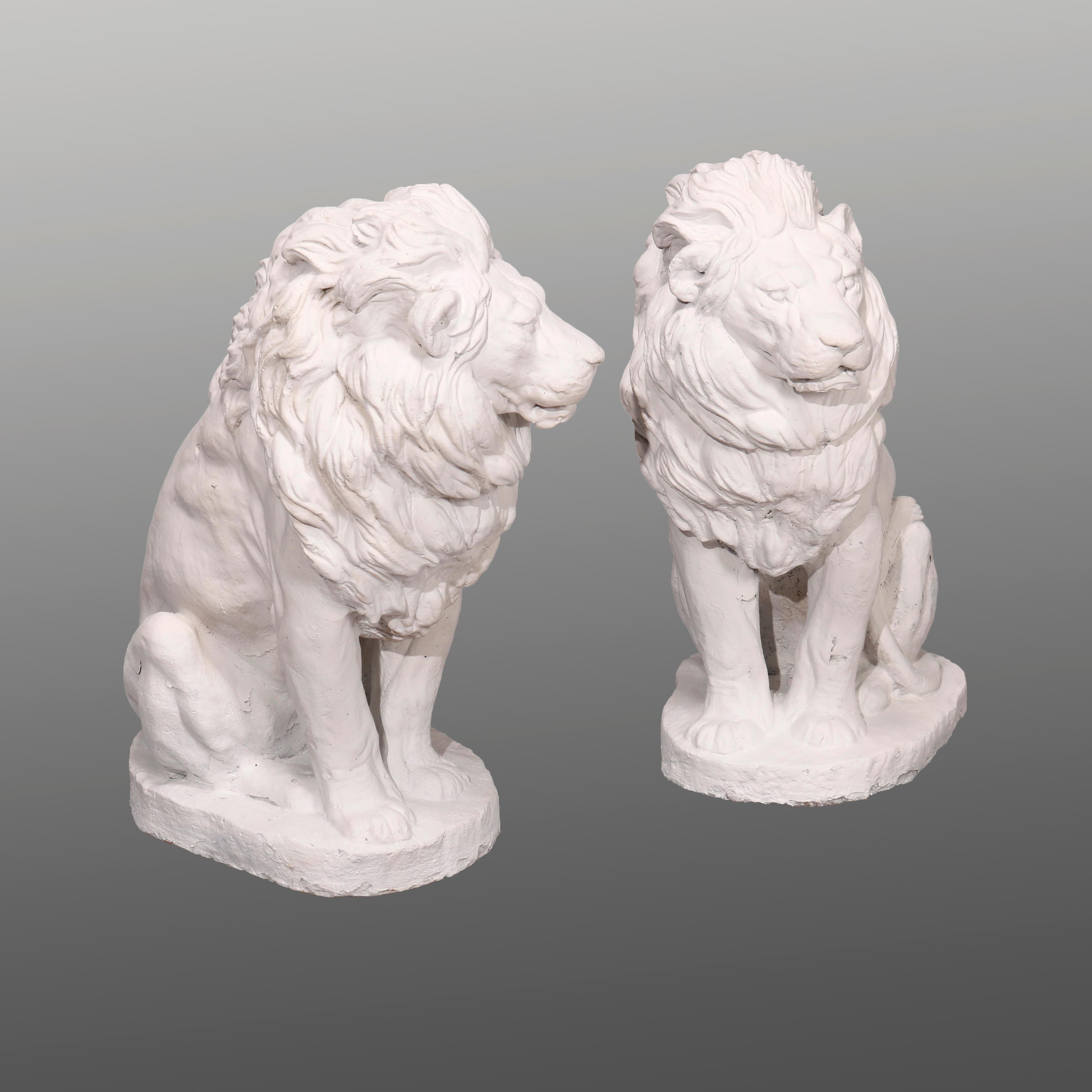 Cast Hard Stone Classical Seated Lion Garden Statues in Painted Finish, 20th C In Good Condition In Big Flats, NY
