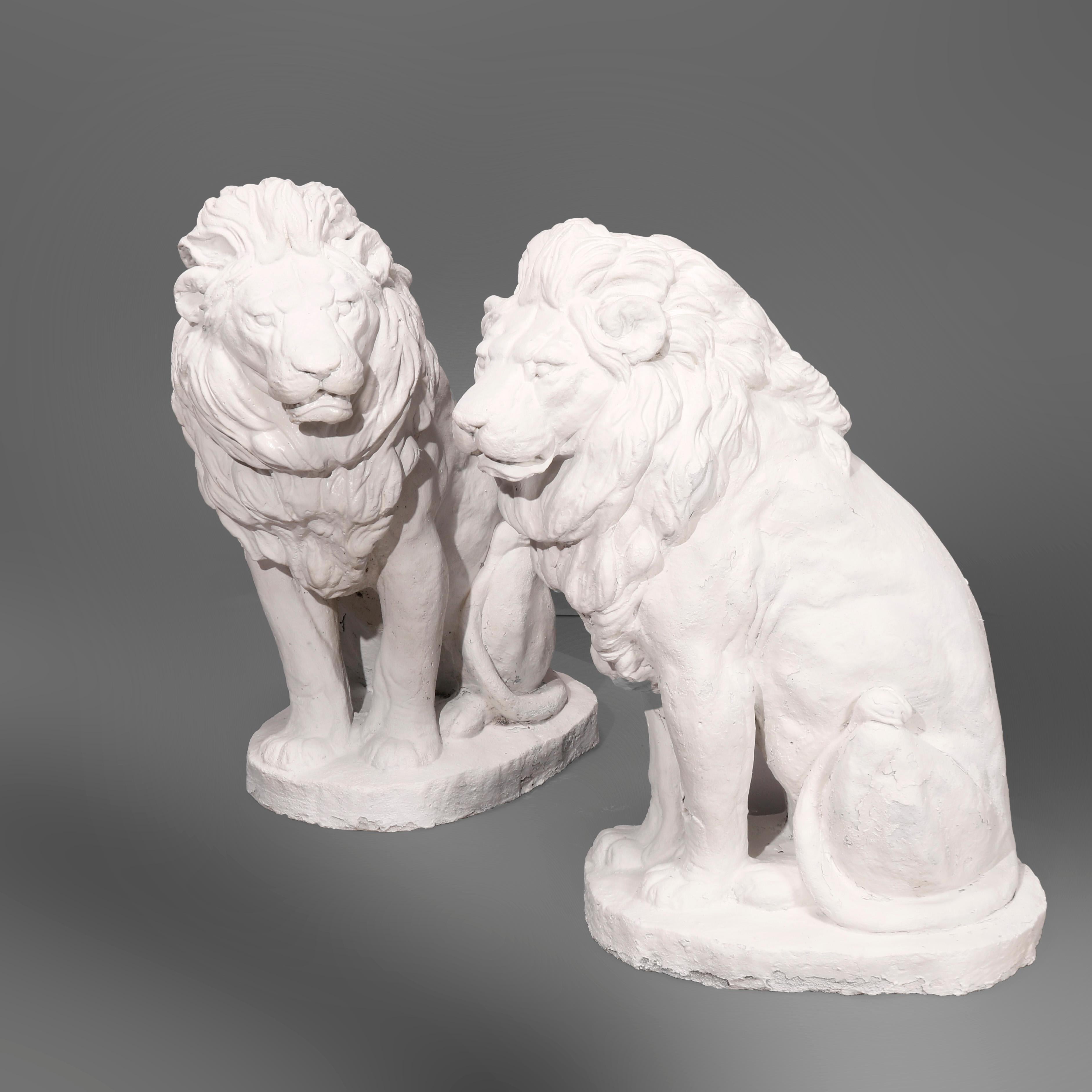 20th Century Cast Hard Stone Classical Seated Lion Garden Statues in Painted Finish, 20th C