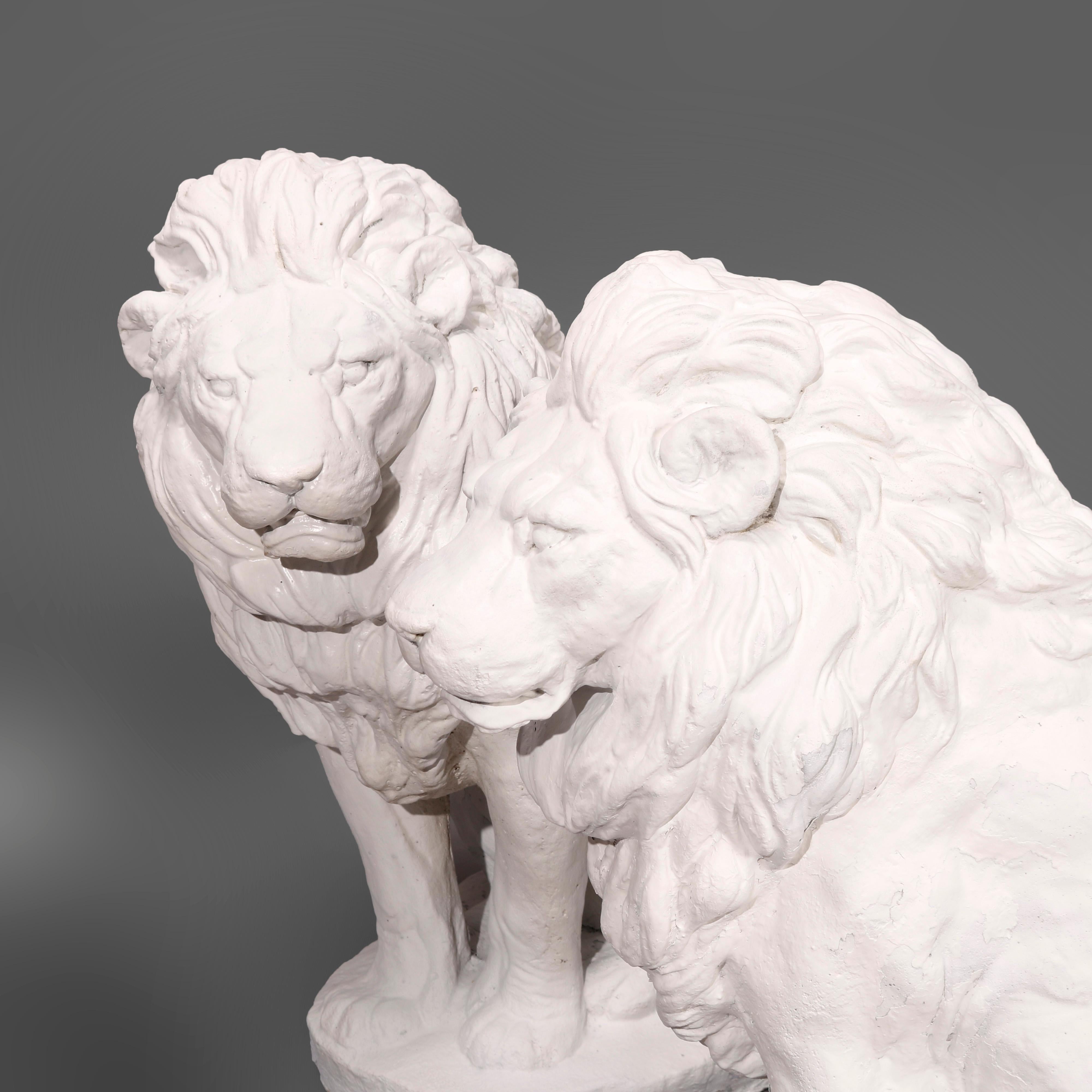 Cast Stone Cast Hard Stone Classical Seated Lion Garden Statues in Painted Finish, 20th C