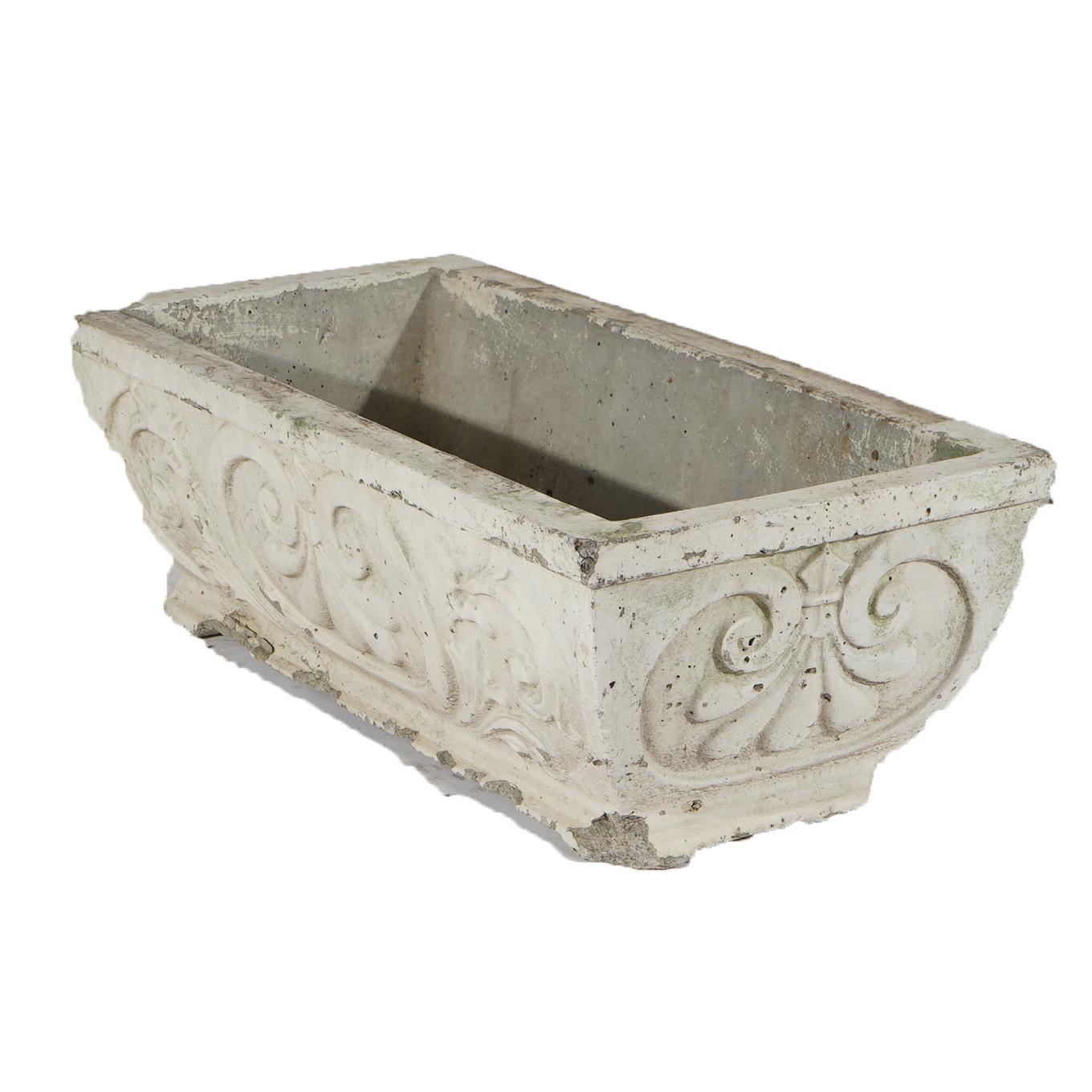 ***Ask About Reduced In-House Shipping Rates - Reliable Service & Fully Insured***
Cast Hardstone Long Garden or Patio Planter with Scroll Work in Relief 20th C

Measures- 9.5''H x 28''W x 13.25''D