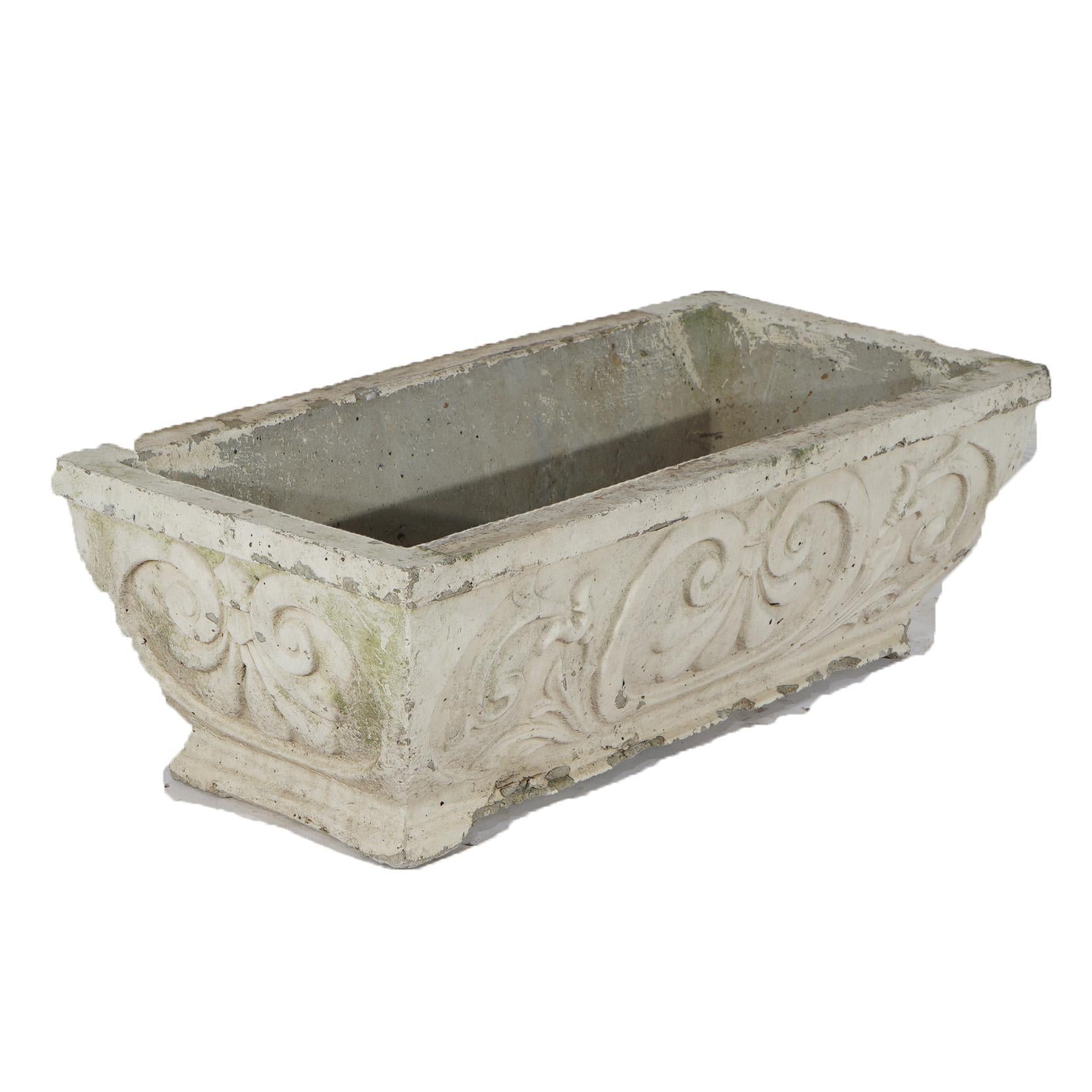 Cast Hardstone Long Garden or Patio Planter with Scroll Work in Relief 20th C In Good Condition For Sale In Big Flats, NY