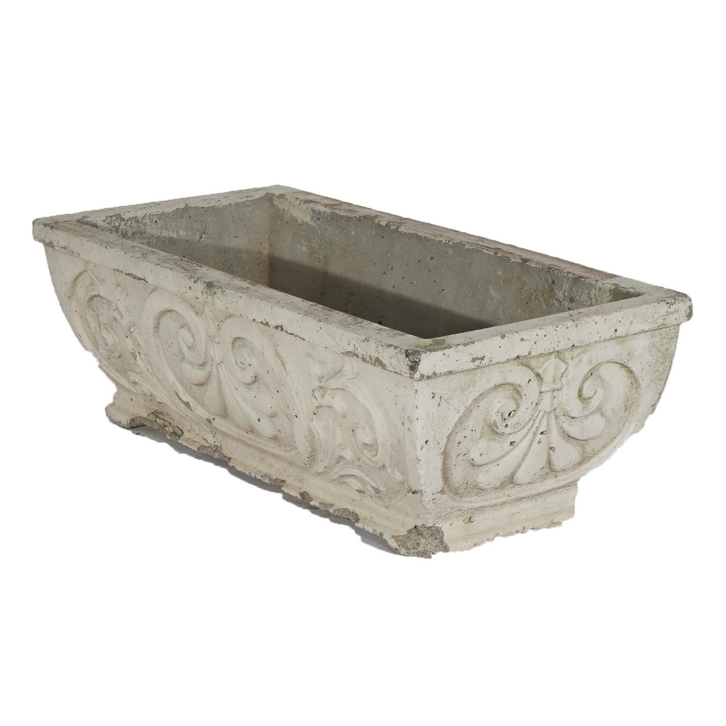 Cast Stone Cast Hardstone Long Garden or Patio Planter with Scroll Work in Relief 20th C For Sale