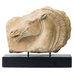 Cast Horse Head Sculpture Mounted on a Wooden Base