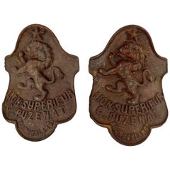 Used Cast Iron 19th Century French Lion Shield Curved Plaques with Patina, a pair