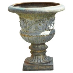 Used Cast Iron French Style Round Garden Campana Urn Outdoor Planter Pot