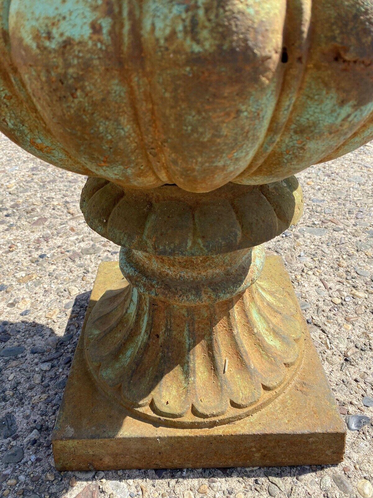 Cast Iron French Green Campana Urn Form Basketweave Garden Outdoor Planter In Good Condition In Philadelphia, PA