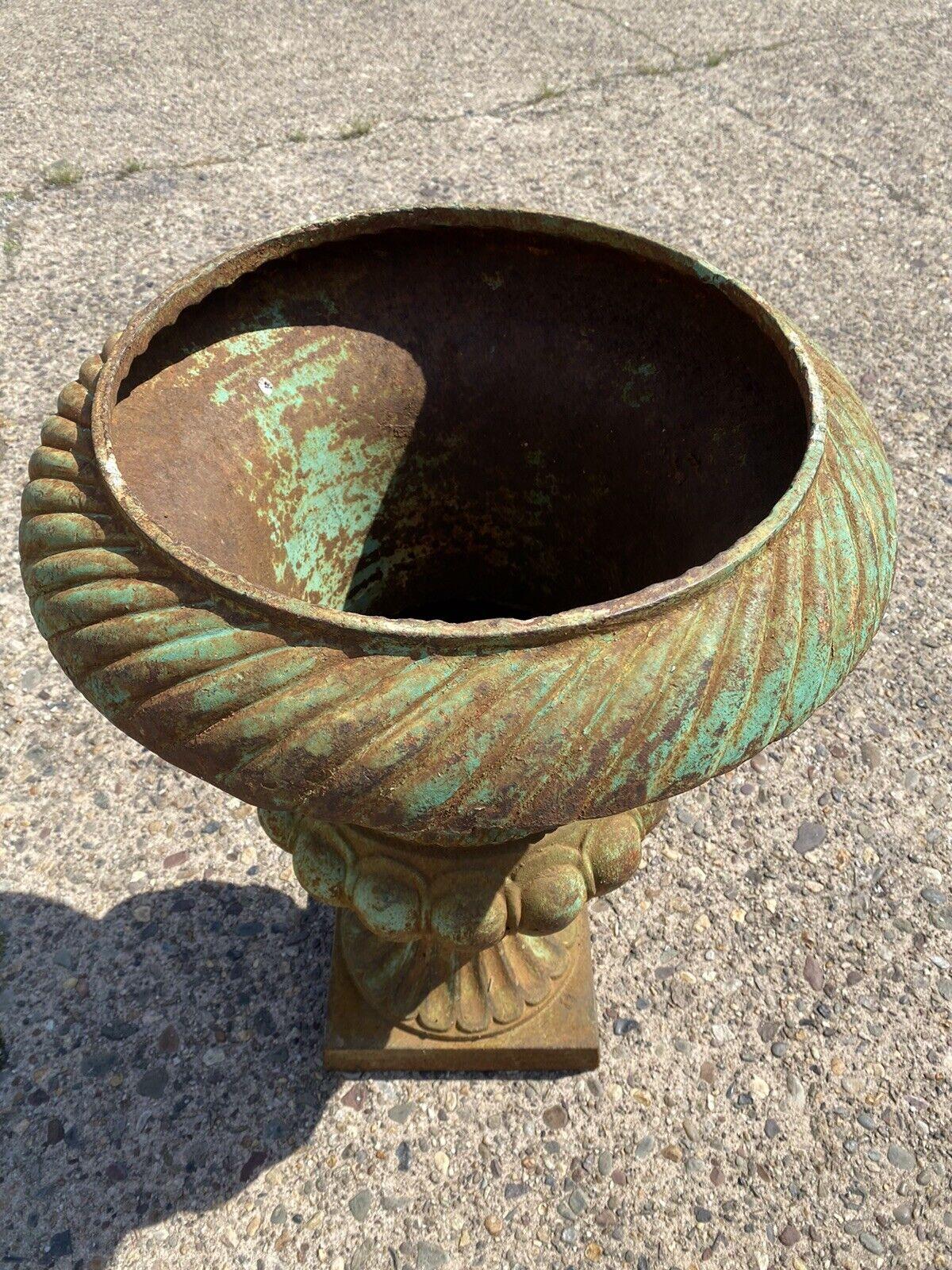 20th Century Cast Iron French Green Campana Urn Form Basketweave Garden Outdoor Planter For Sale