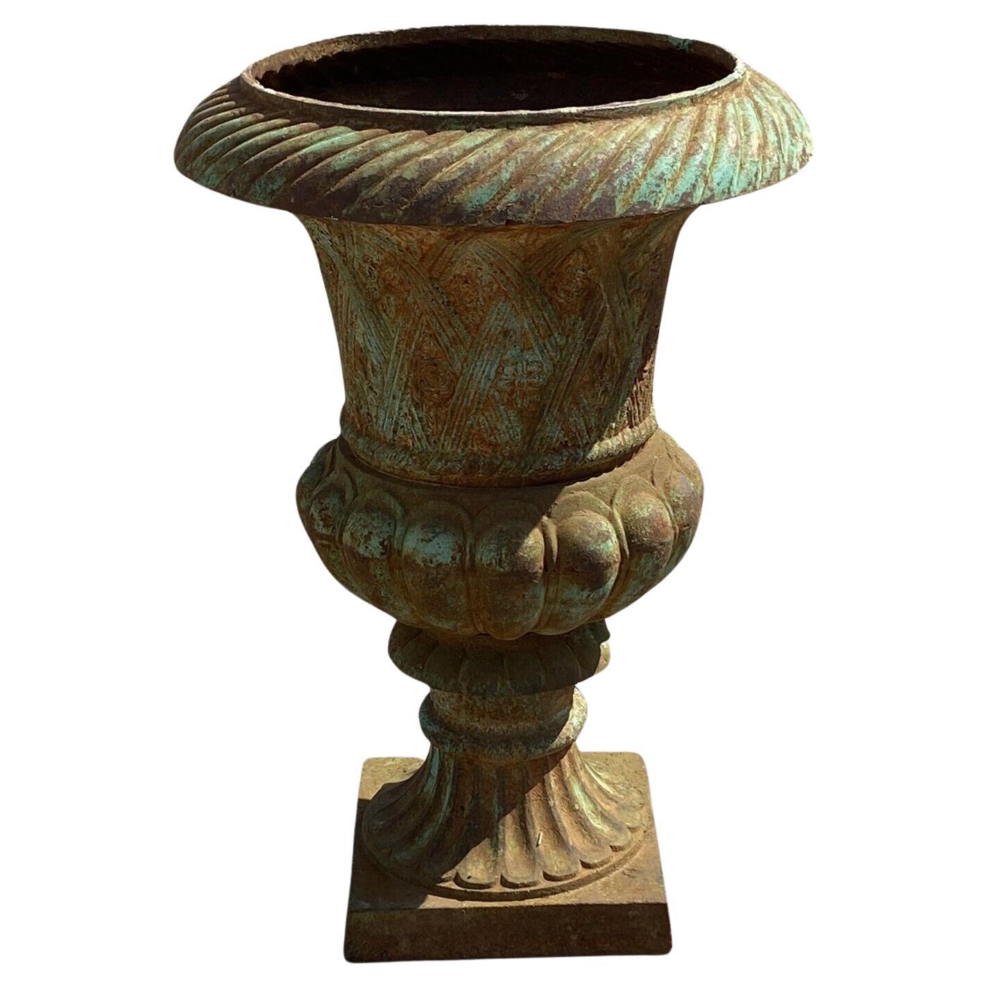 Cast Iron French Green Campana Urn Form Basketweave Garden Outdoor Planter For Sale