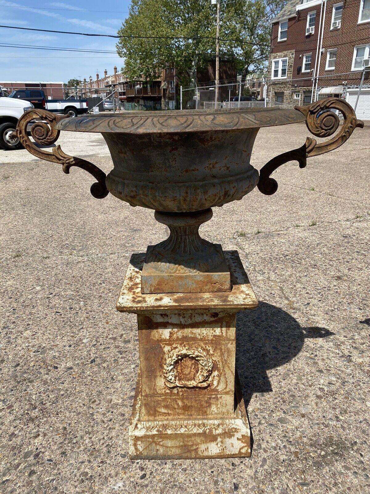Cast Iron Tall Outdoor French Garden Urn Planter on Base W/ Handles, a Pair In Good Condition In Philadelphia, PA