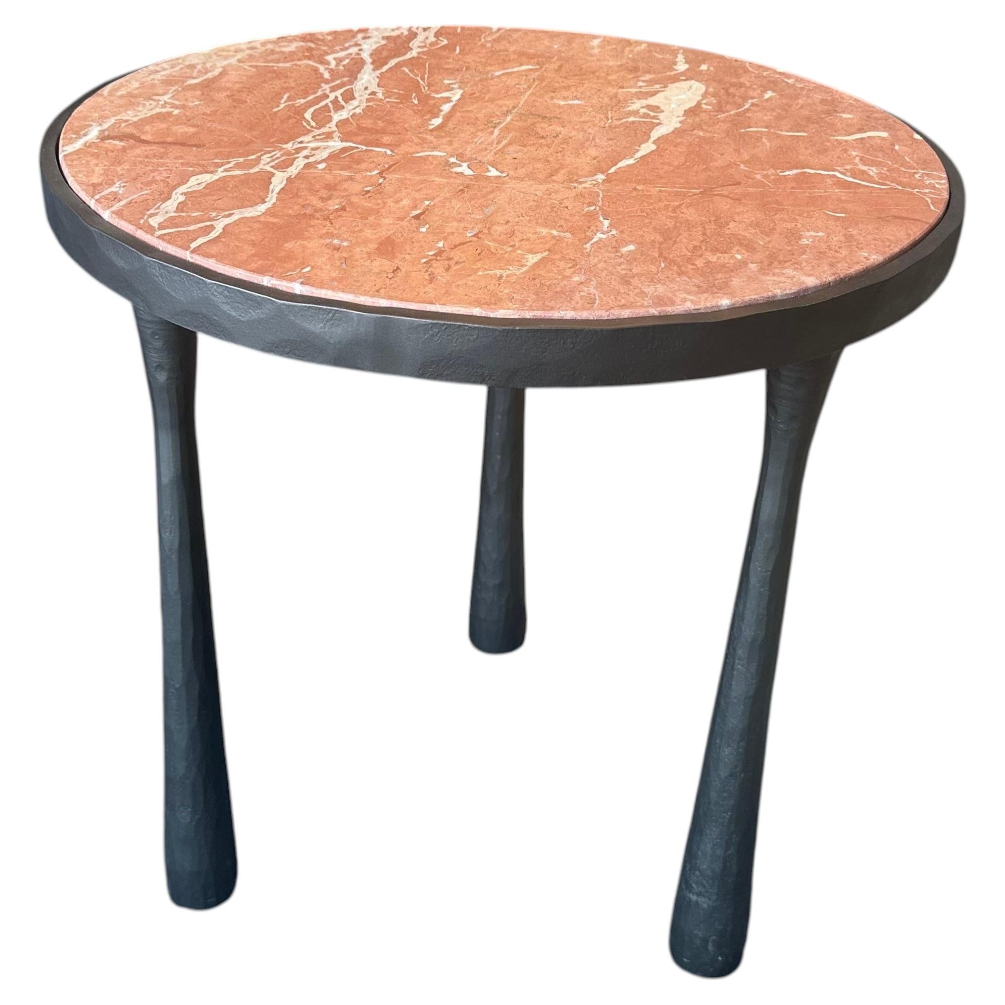 Cast Iron and Pink Marble Top Side Table For Sale