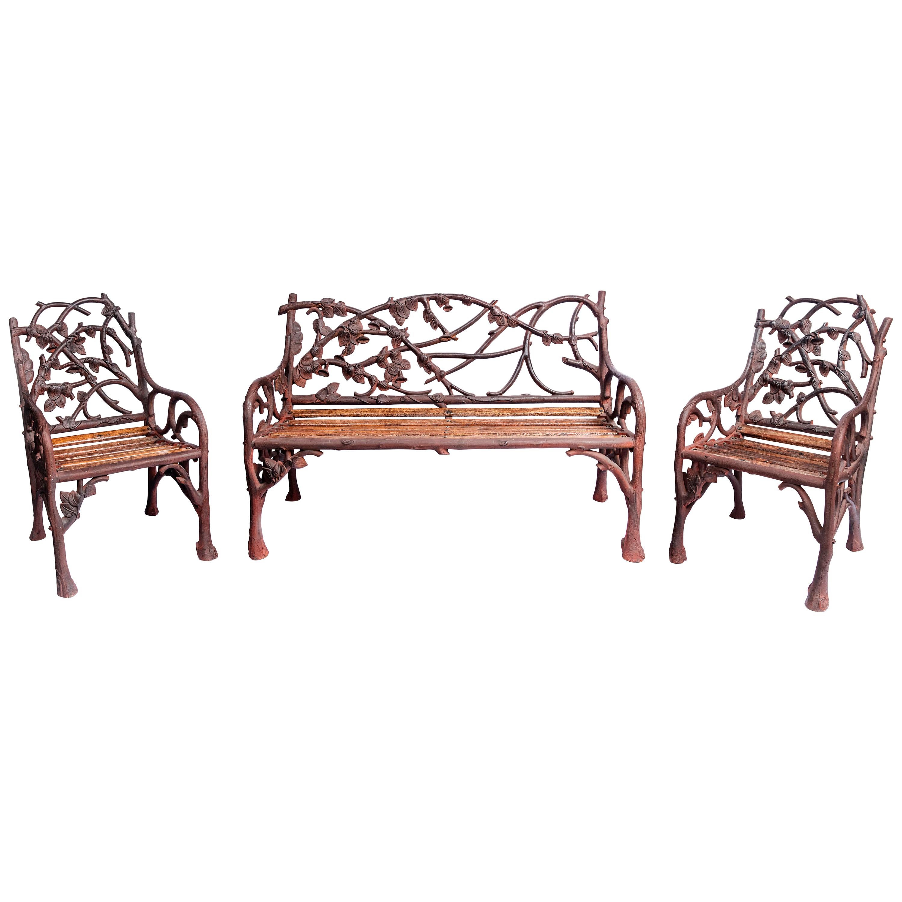 Cast Iron and Wood Garden Furniture Set, England, Late 19th Century