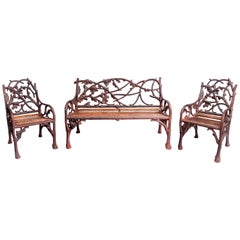 Used Cast Iron and Wood Garden Furniture Set, England, Late 19th Century