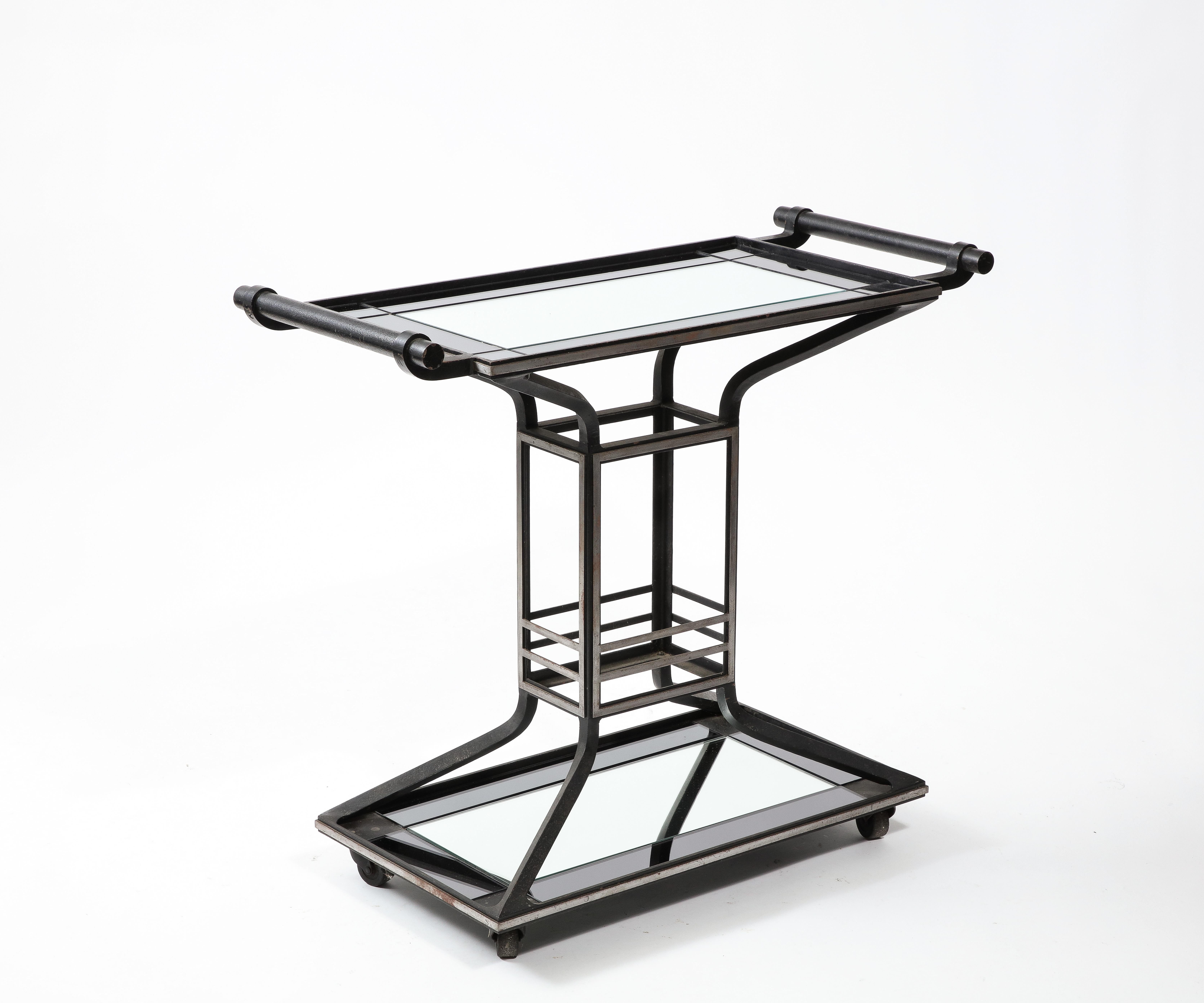 Cast Iron Steel & Mirror Art Deco Inspired Bar Cart, France 1950's For Sale 5