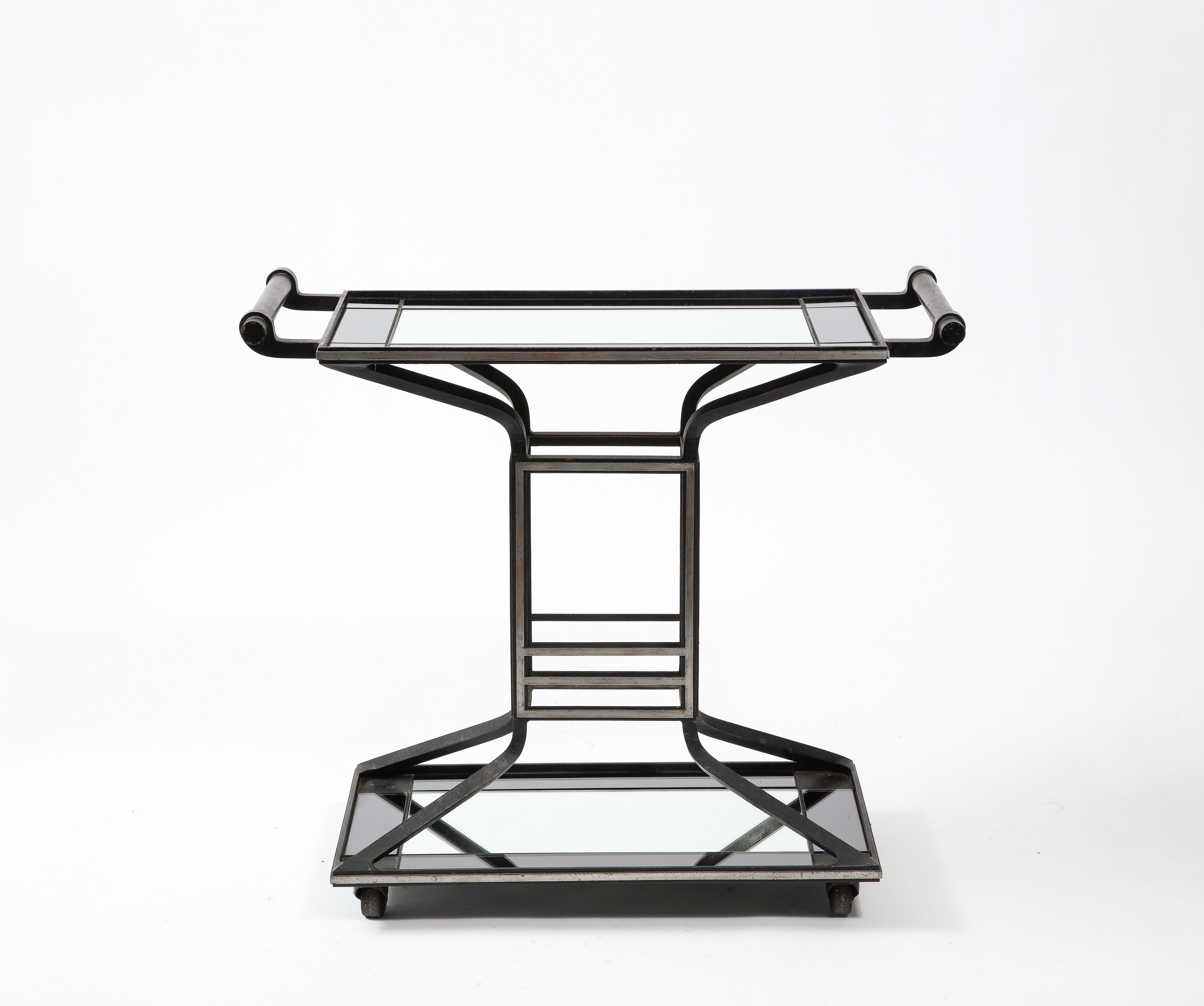 Cast Iron Steel & Mirror Art Deco Inspired Bar Cart, France 1950's For Sale 9