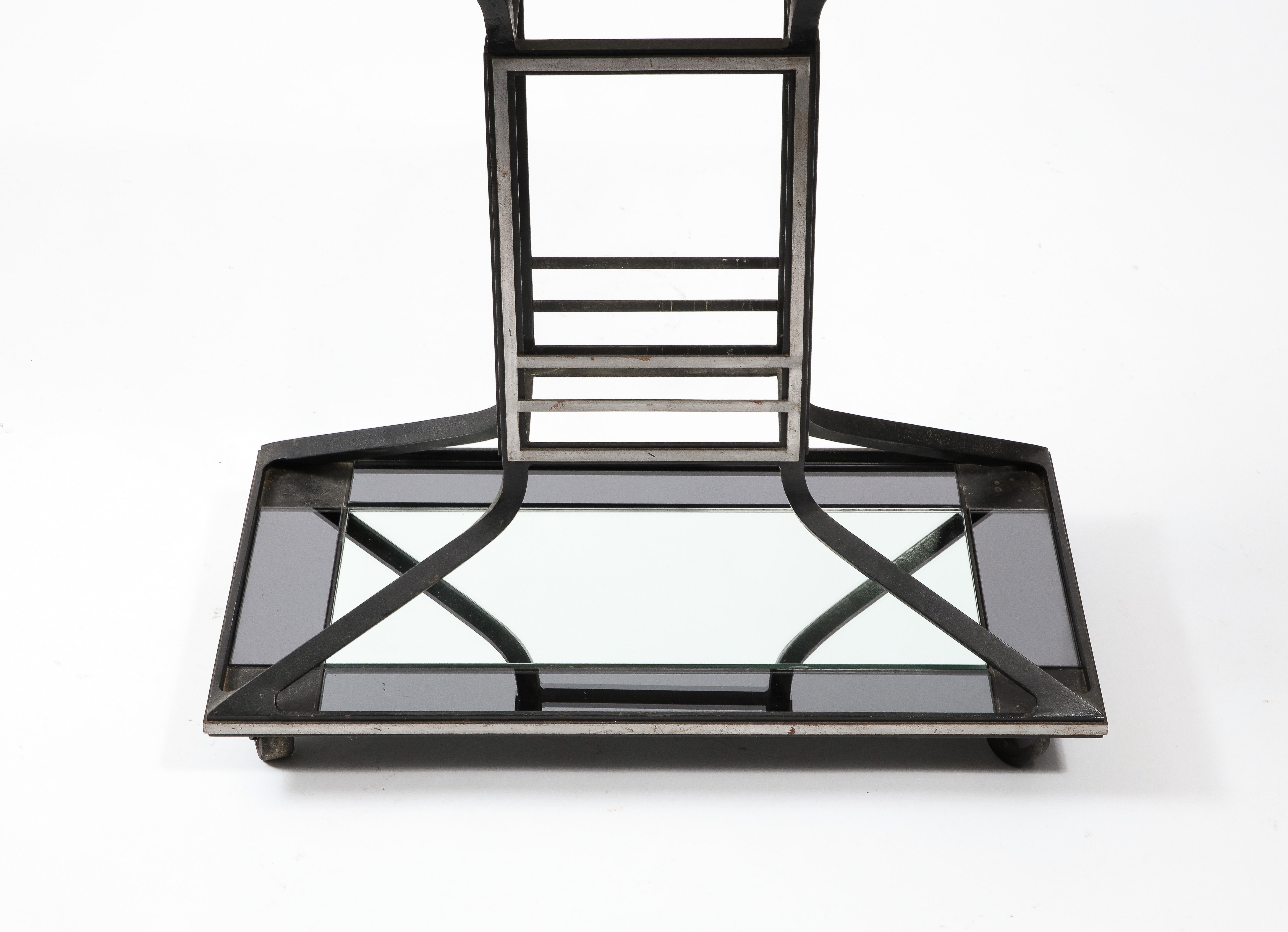 20th Century Cast Iron Steel & Mirror Art Deco Inspired Bar Cart, France 1950's For Sale