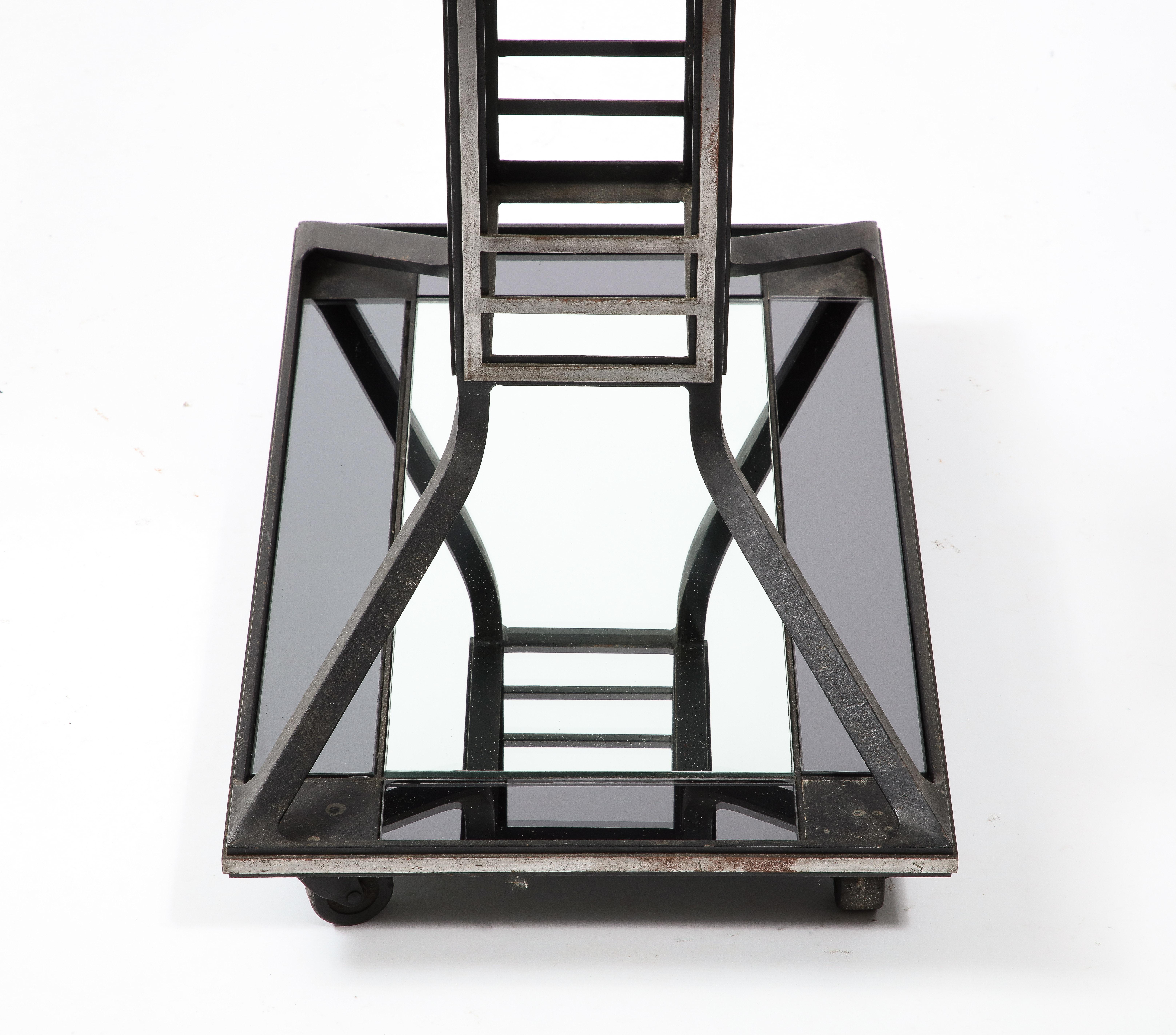 Cast Iron Steel & Mirror Art Deco Inspired Bar Cart, France 1950's For Sale 3