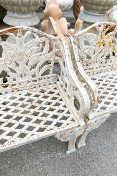 Cast Iron Bench with Carved Leaf Backrest, Finished in Antique White