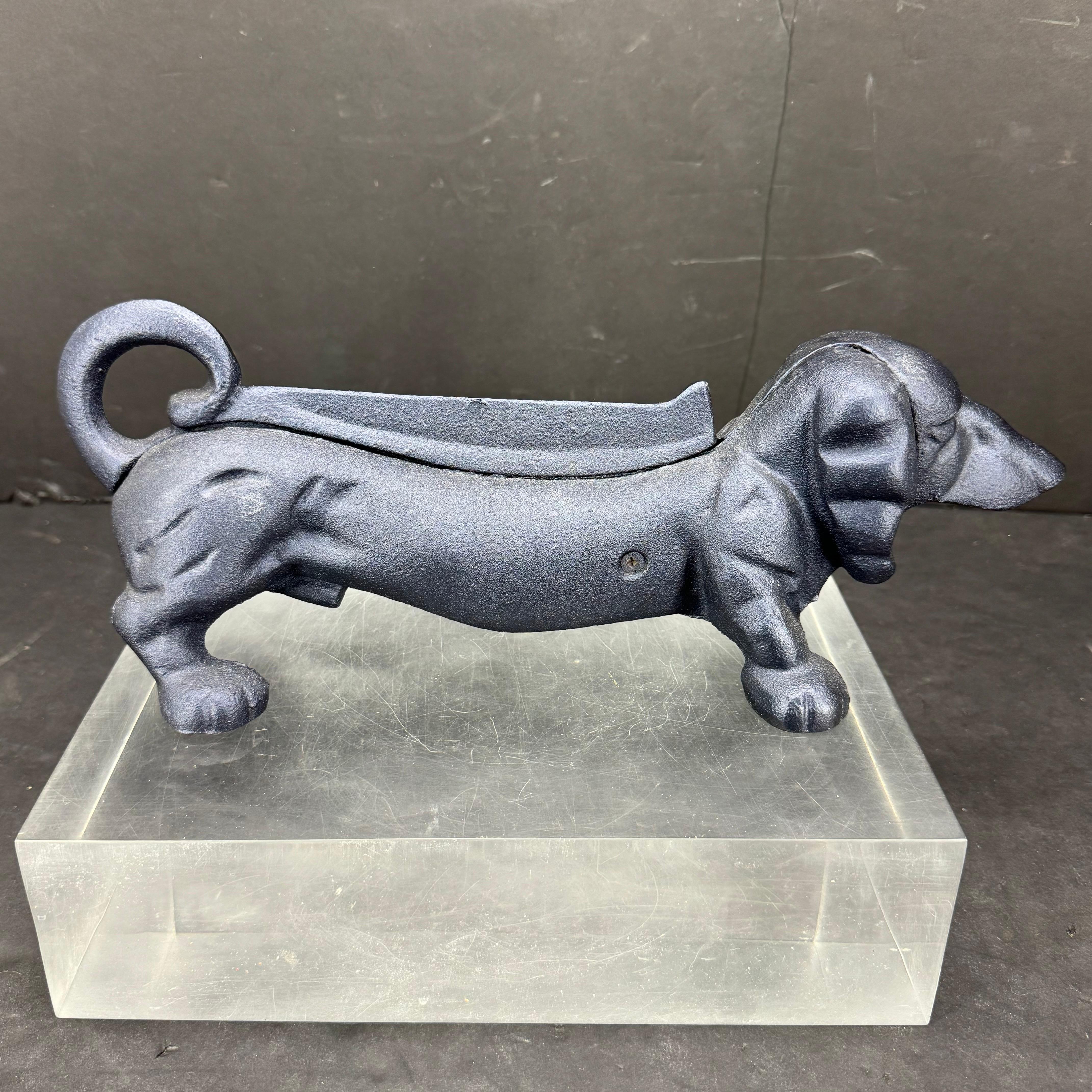20th Century Cast Iron Blue Foot Boot Scraper Door Stop of Dachshund Dog