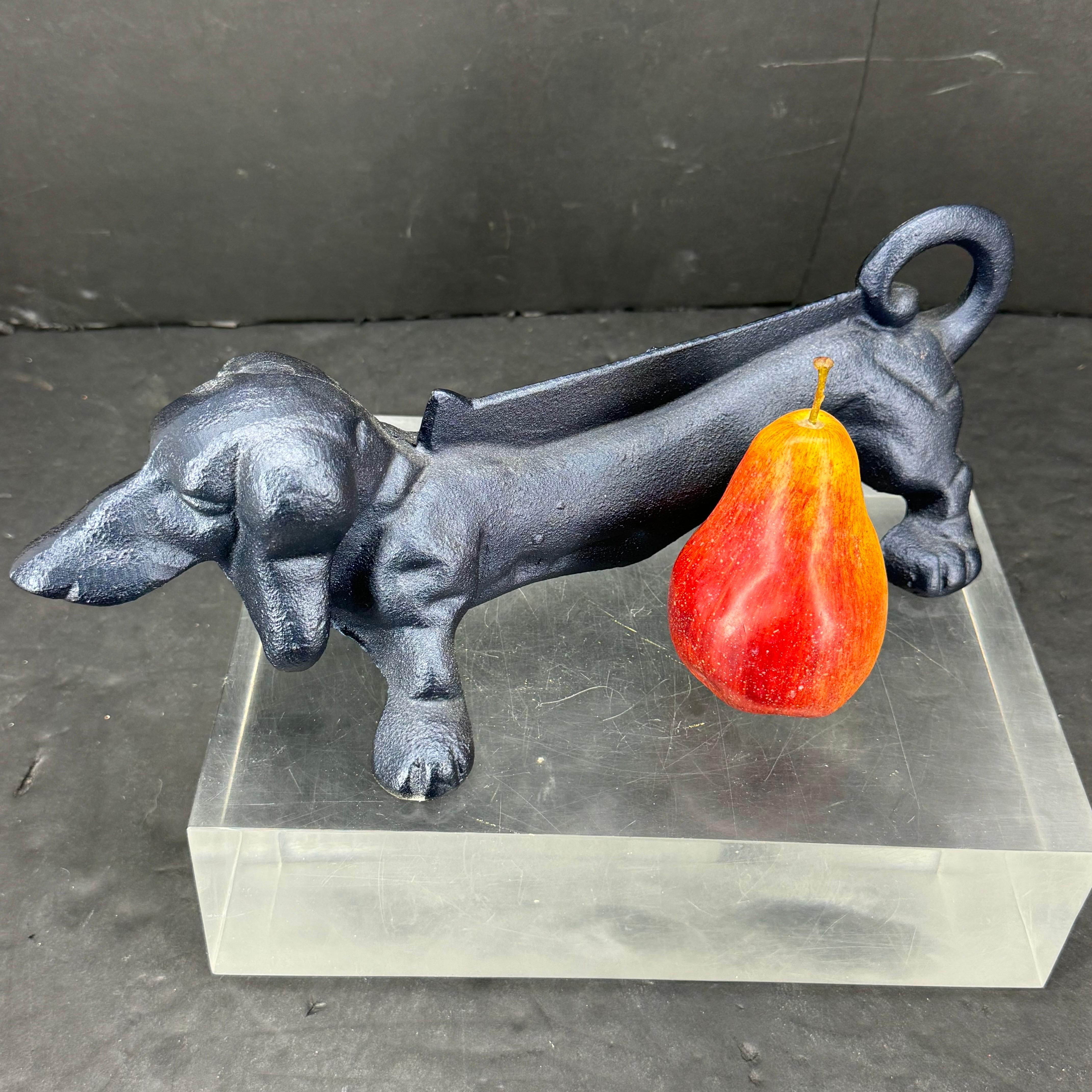 Mid-Century Modern Cast Iron Blue Foot Boot Scraper Door Stop of Dachshund Dog