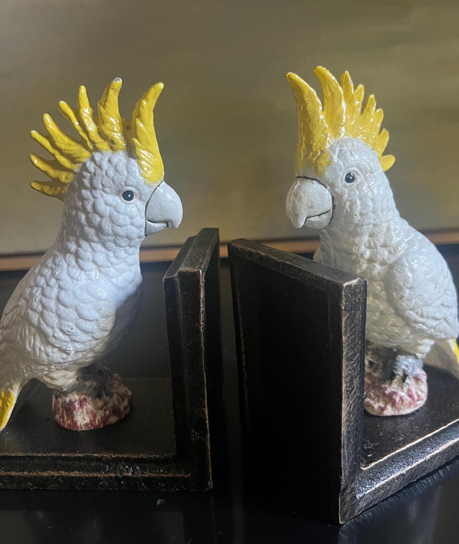 Cast Iron Bookends of Colorful Cockatoos Set of 2 For Sale at 1stDibs