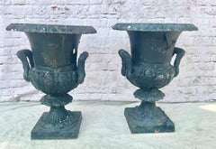 Cast Iron Campana Form Garden Urns, A Pair