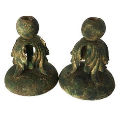 Cast Iron Candlestick Holder With Baroque Leaf Accents, Pair