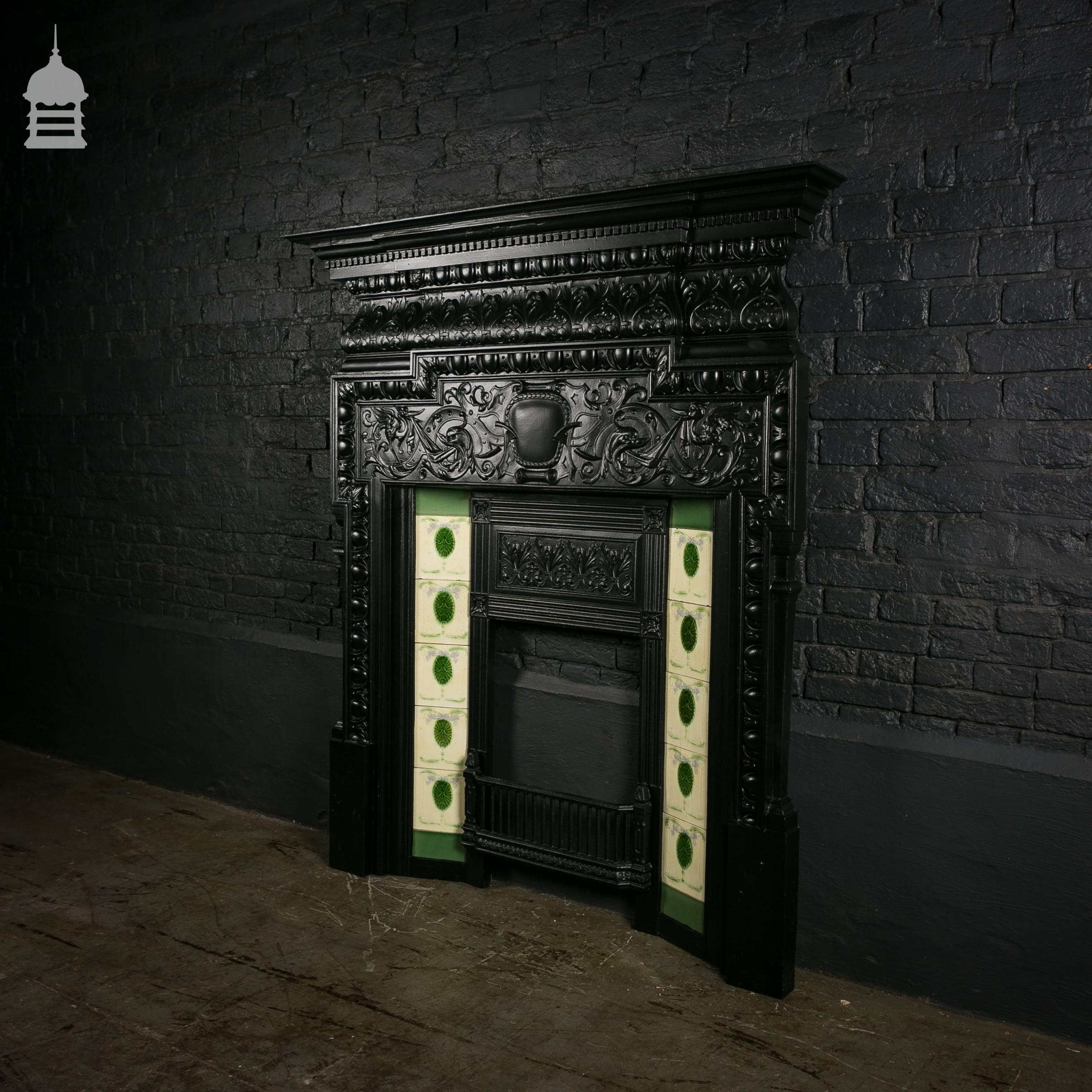 Cast iron coalbrookdale Arts & Crafts fireplace surround with immaculate tiles.