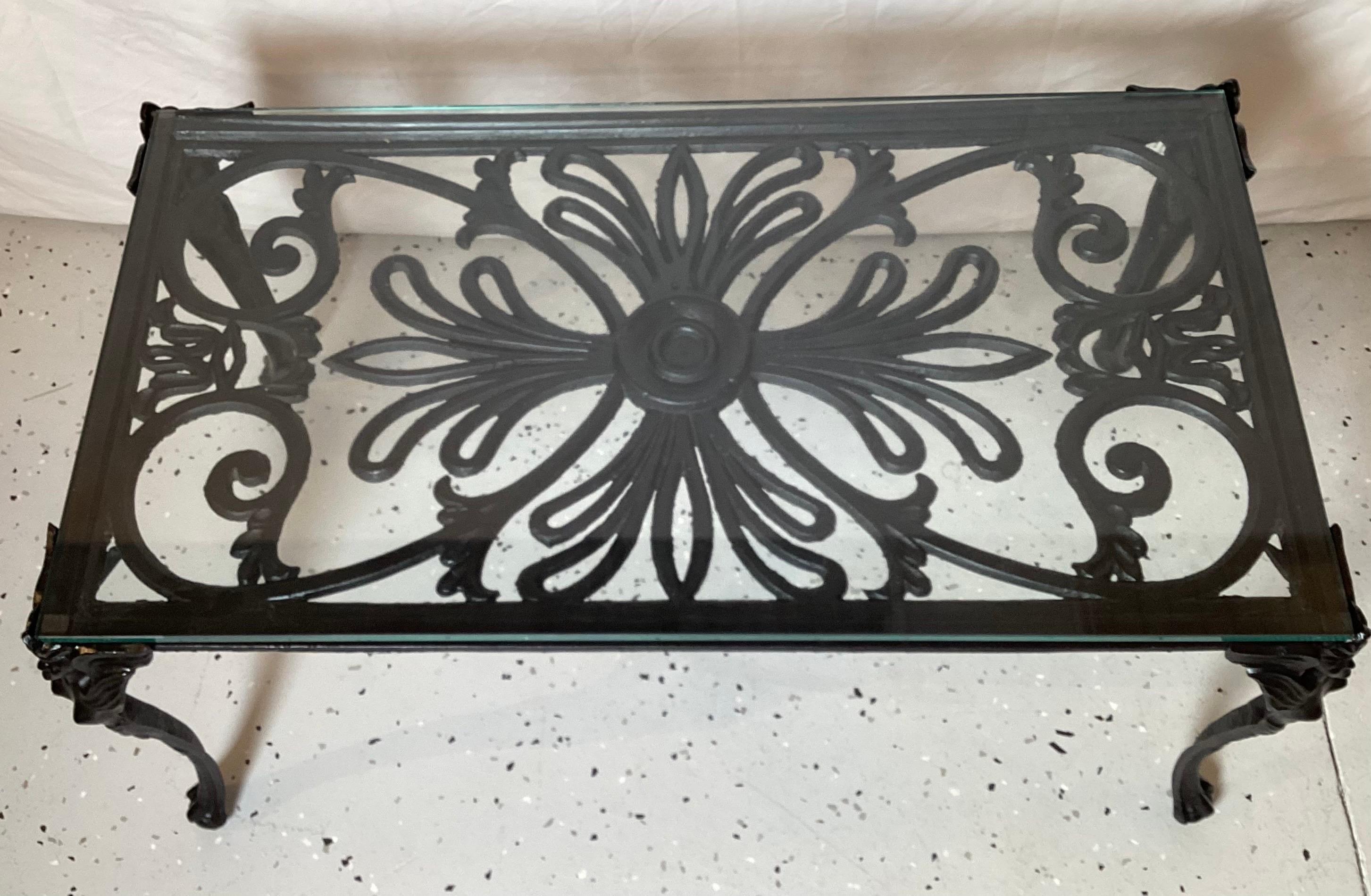 American Cast Iron Coffee Table with Glass Top and Winged Woman on Corners For Sale