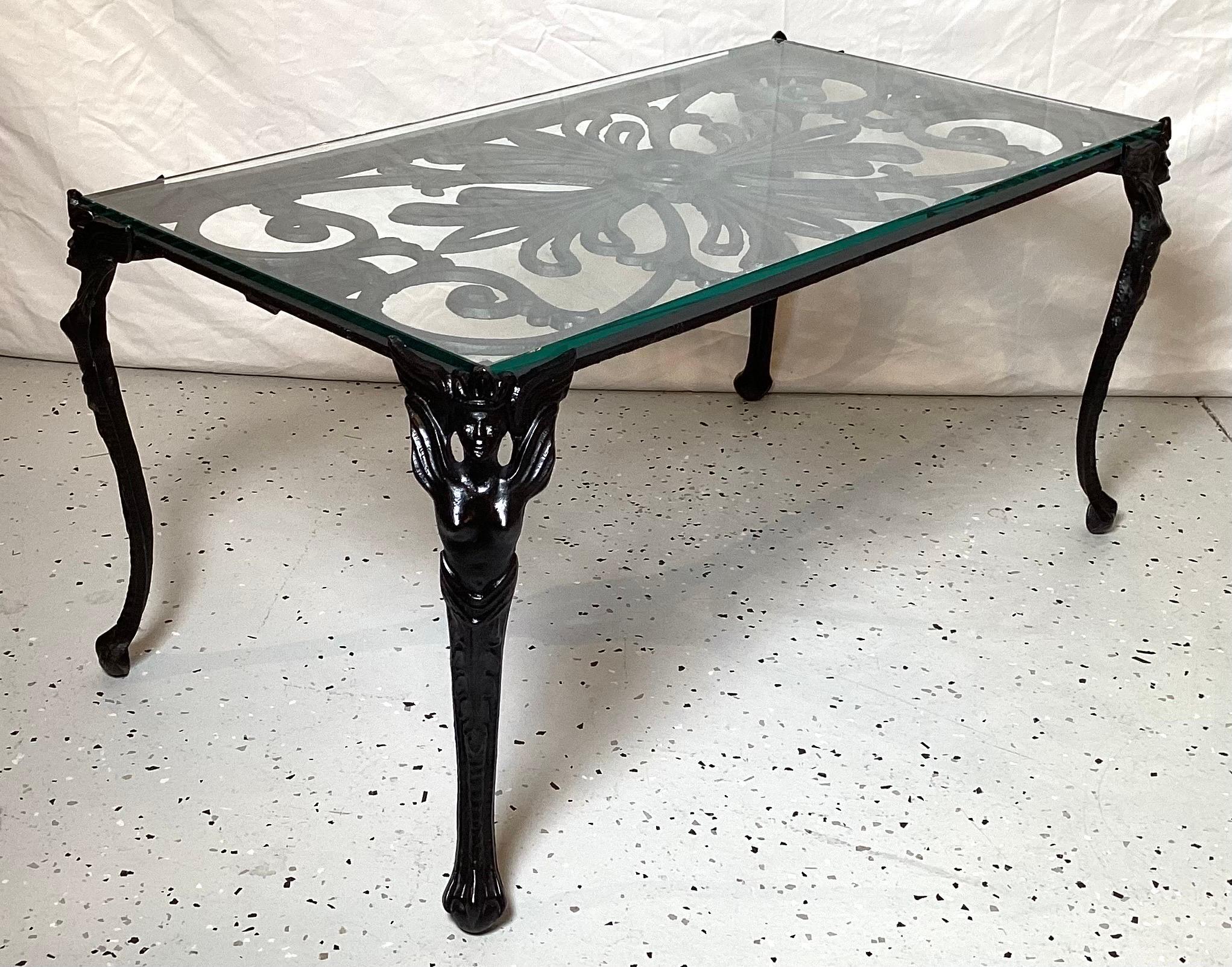 Cast Iron Coffee Table with Glass Top and Winged Woman on Corners For Sale 1