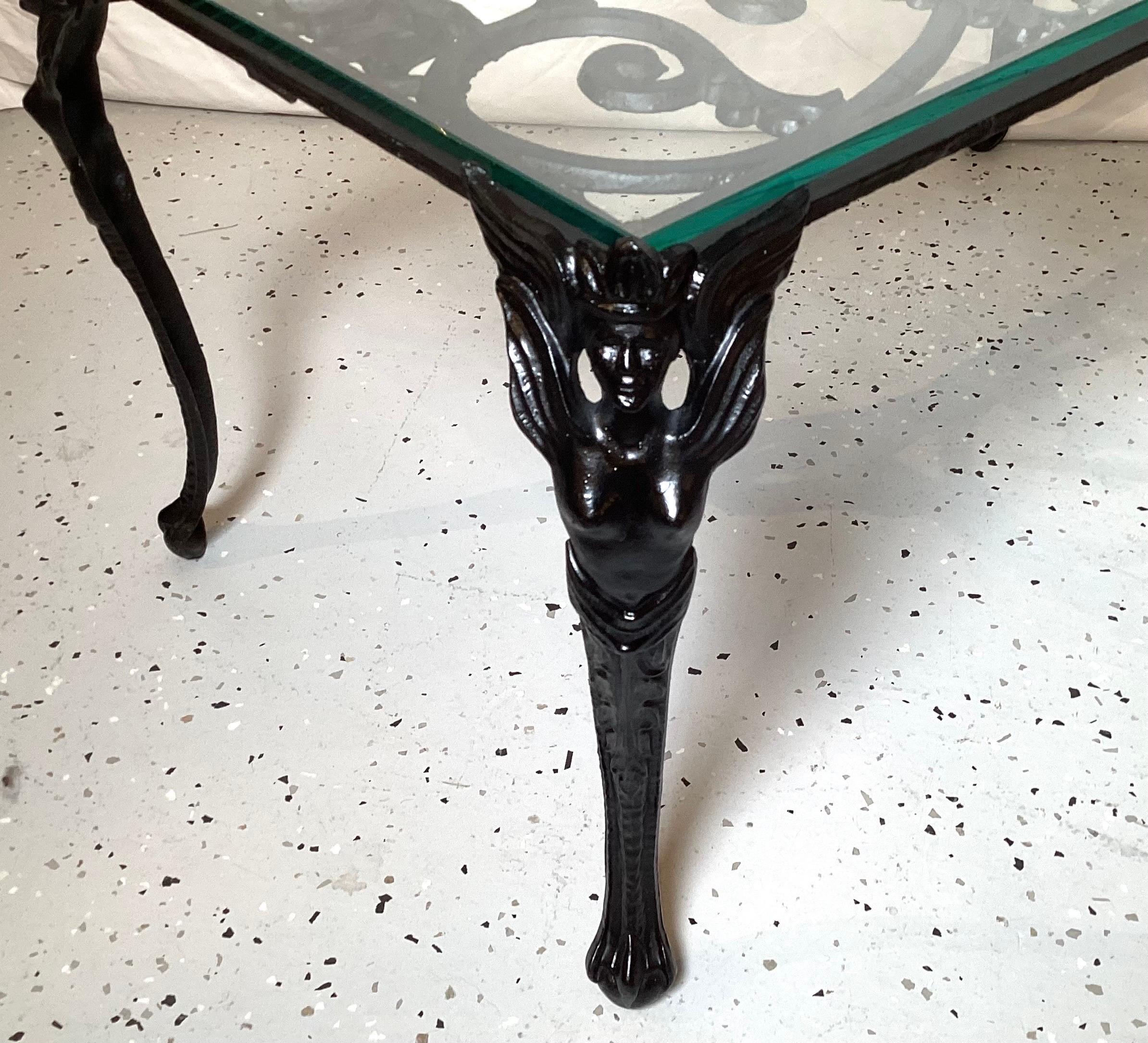 Cast Iron Coffee Table with Glass Top and Winged Woman on Corners For Sale 2