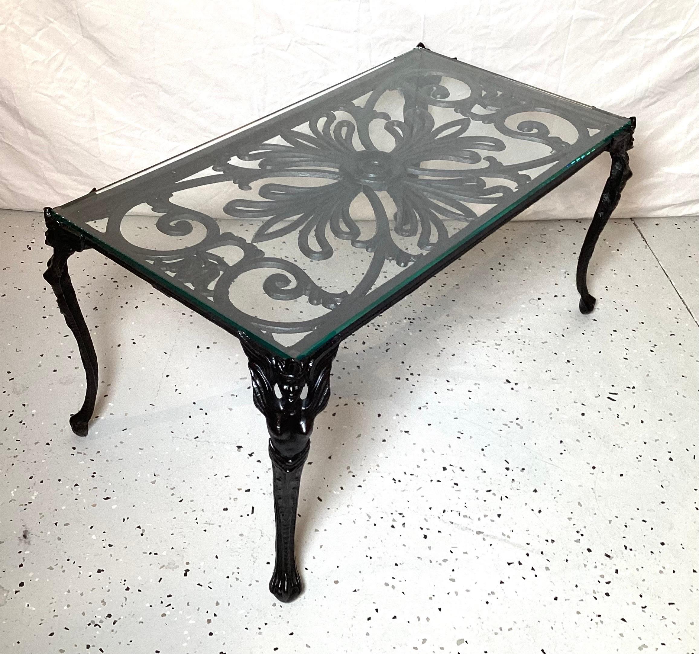 Cast Iron Coffee Table with Glass Top and Winged Woman on Corners For Sale 3