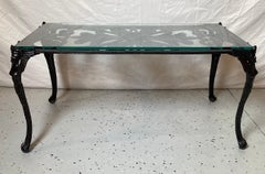 Cast Iron Coffee Table with Glass Top and Winged Woman on Corners
