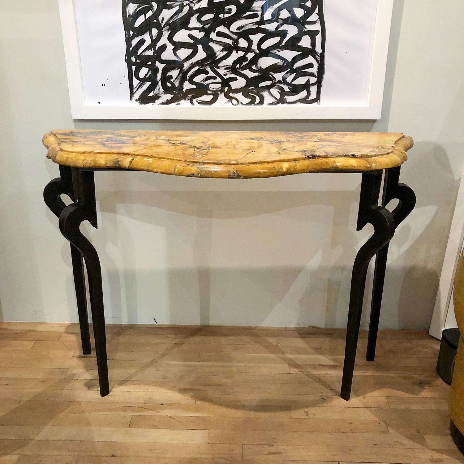 Cast iron console table with sienna marble top
Top circa 1750; base contemporary
Measures: Height 33 ¼ in, width 48 ¼ in, depth 17 in.

[2123E].