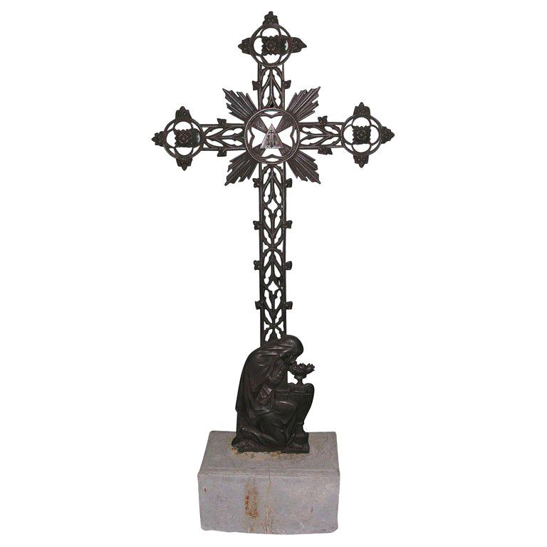 Cast Iron Cross with Lamenting Virgin Mary For Sale