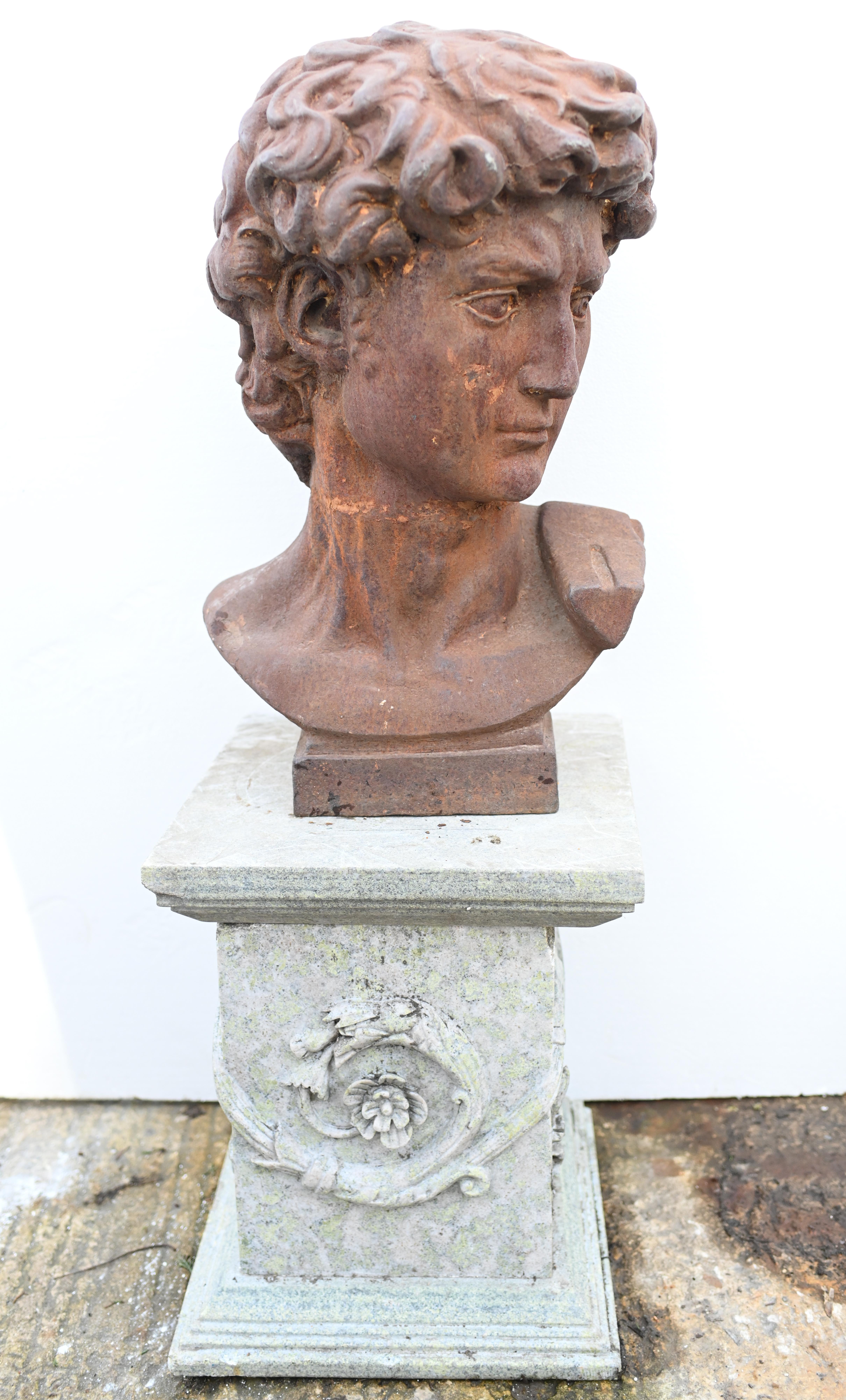 Great bust in cast iron depicting David after the original by Michelangelo
Good size at over two feet tall - 66 CM
We have various pedestal stands to display this, let us know if you are interested
Great architectural salvage piece and we date this