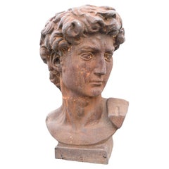 Antique Cast Iron David Bust After Michelangelo Garden Art