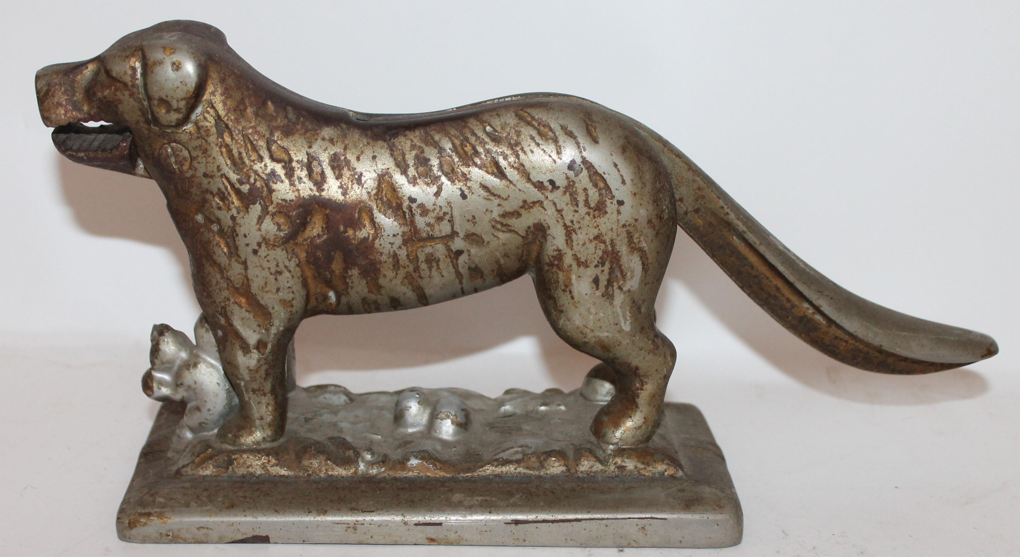 This silver painted dog nut cracker of a dog has a squirrel in front of the dog. It has a fantastic patina and nice weight.