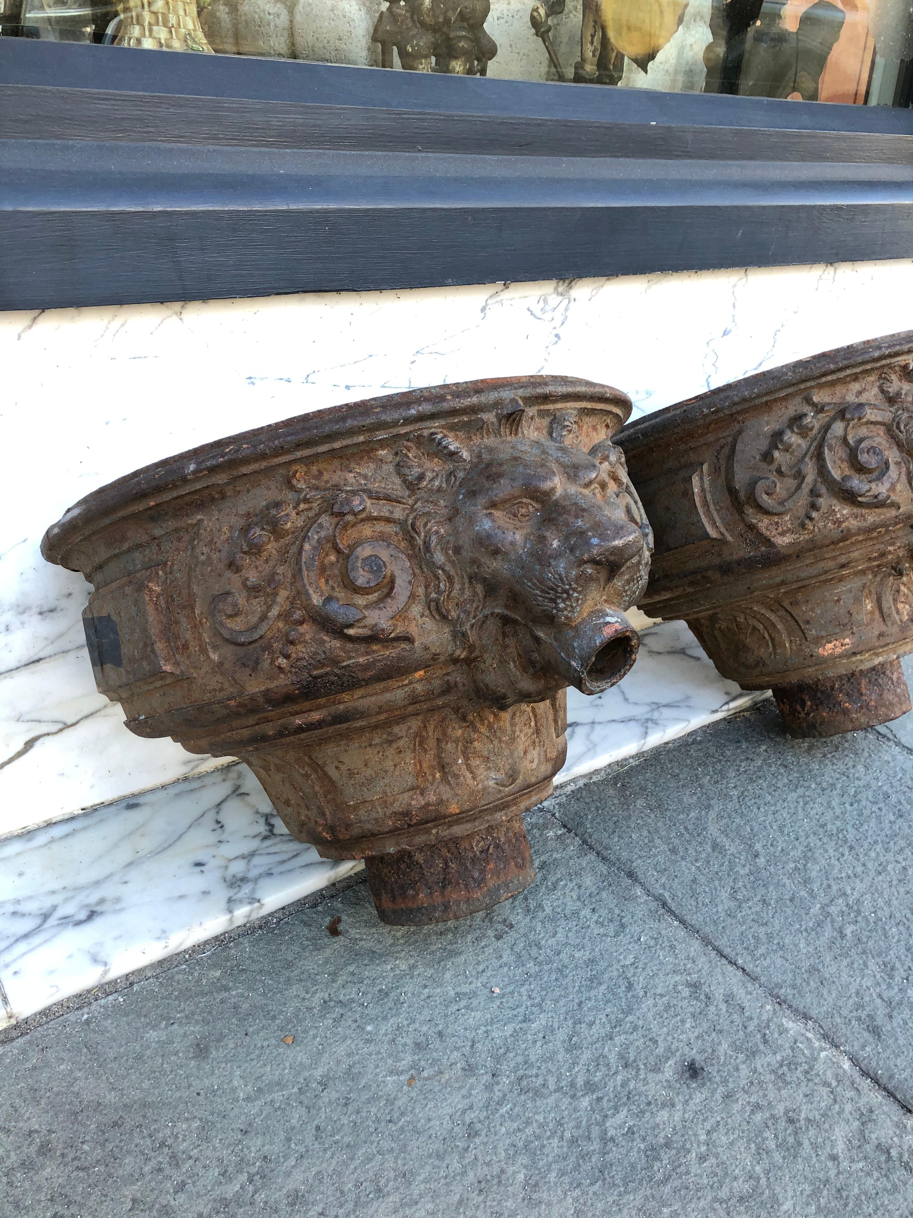 Pair of lion downspouts with fabulous lion face as main detail.