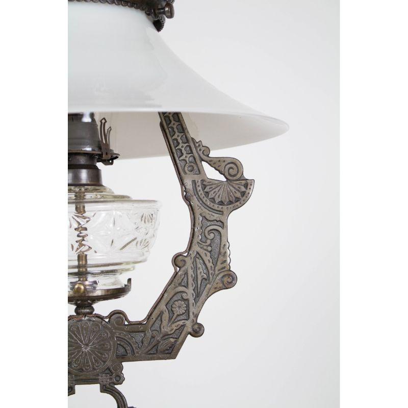Cast Iron Eastlake Victorian Lomax Pendant with Milk Glass For Sale 2