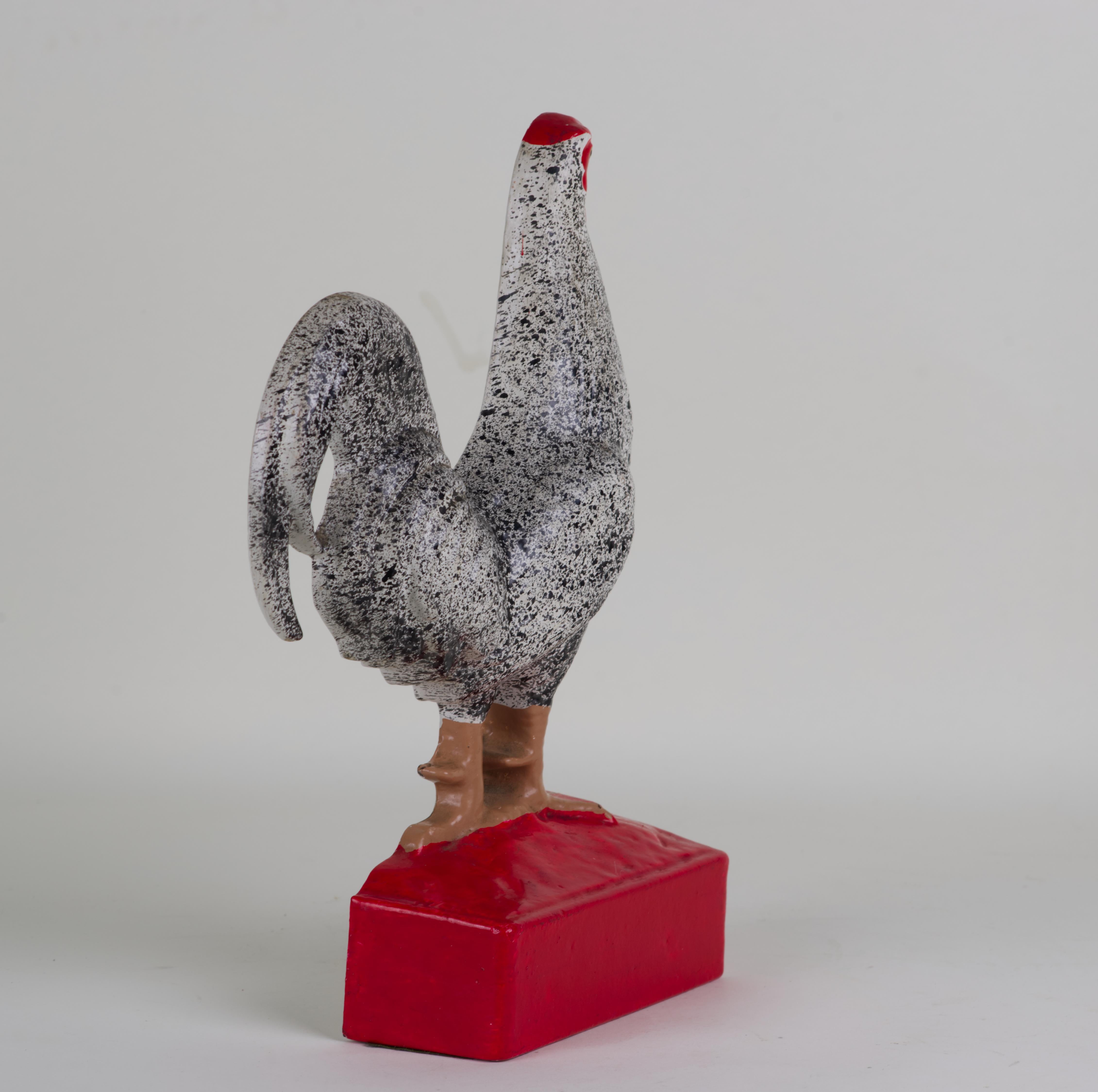 Cast Iron Enameled Chicken Figurine, Decor or Doorstop, Vintage, England. In Good Condition For Sale In Clifton Springs, NY
