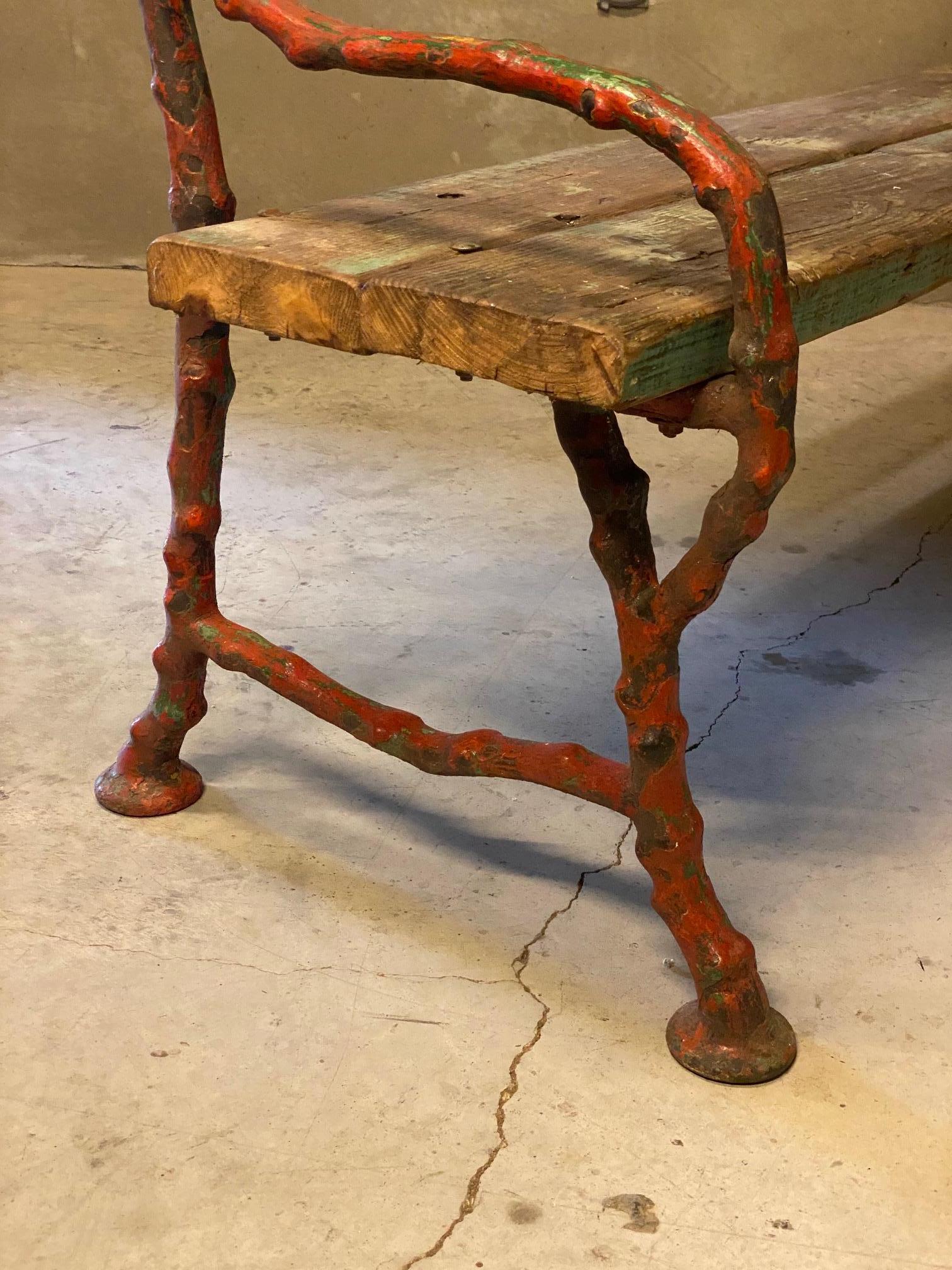 Cast Iron Faux Bois Garden Bench, Red & Green Trim, France, 1920's 4