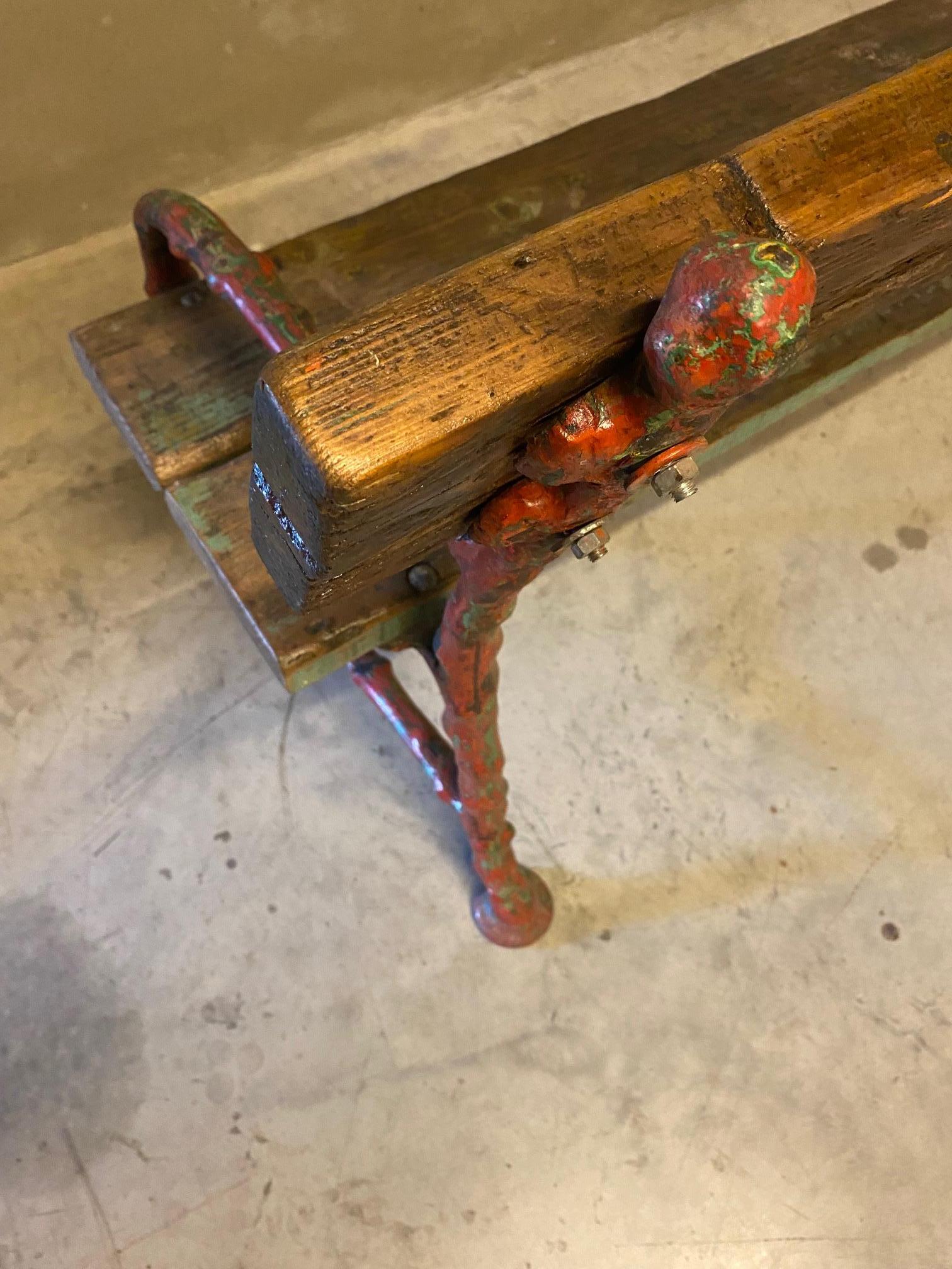 Cast Iron Faux Bois Garden Bench, Red & Green Trim, France, 1920's 5