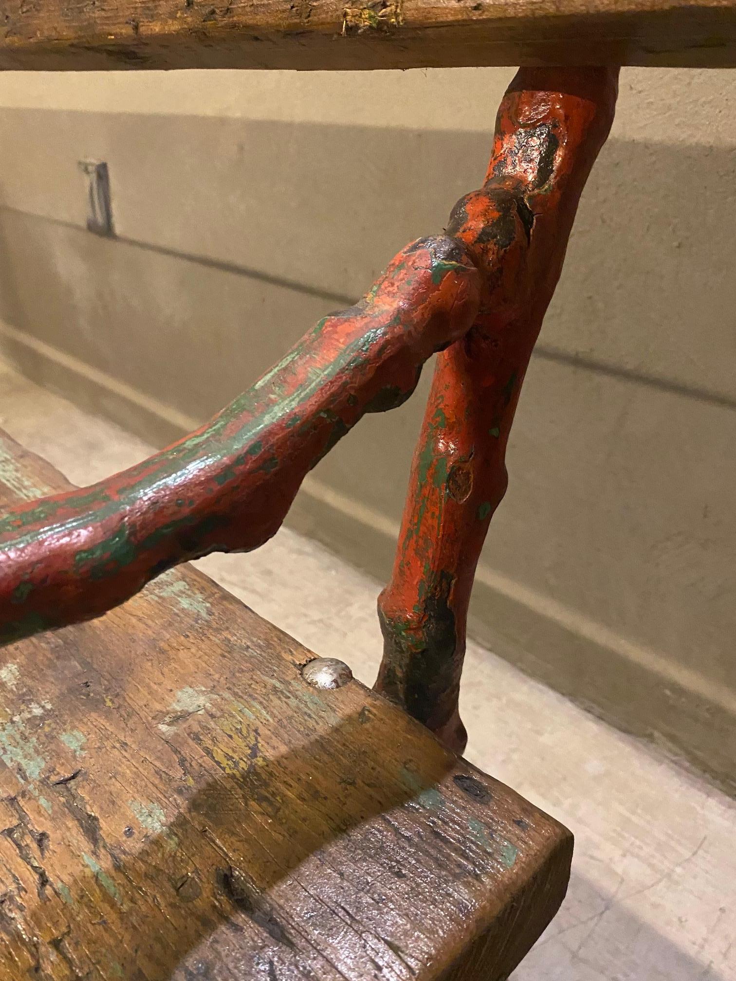 Cast Iron Faux Bois Garden Bench, Red & Green Trim, France, 1920's 6