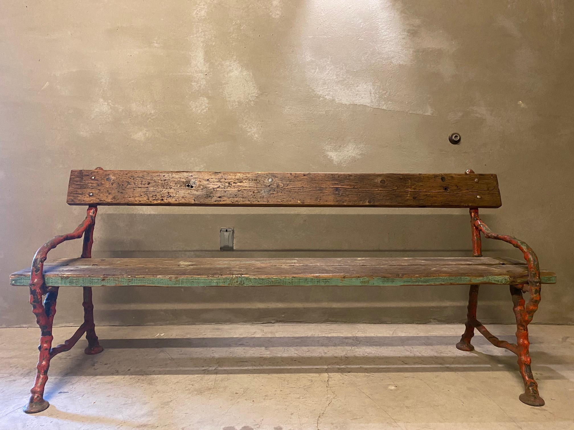 Victorian Cast Iron Faux Bois Garden Bench, Red & Green Trim, France, 1920's