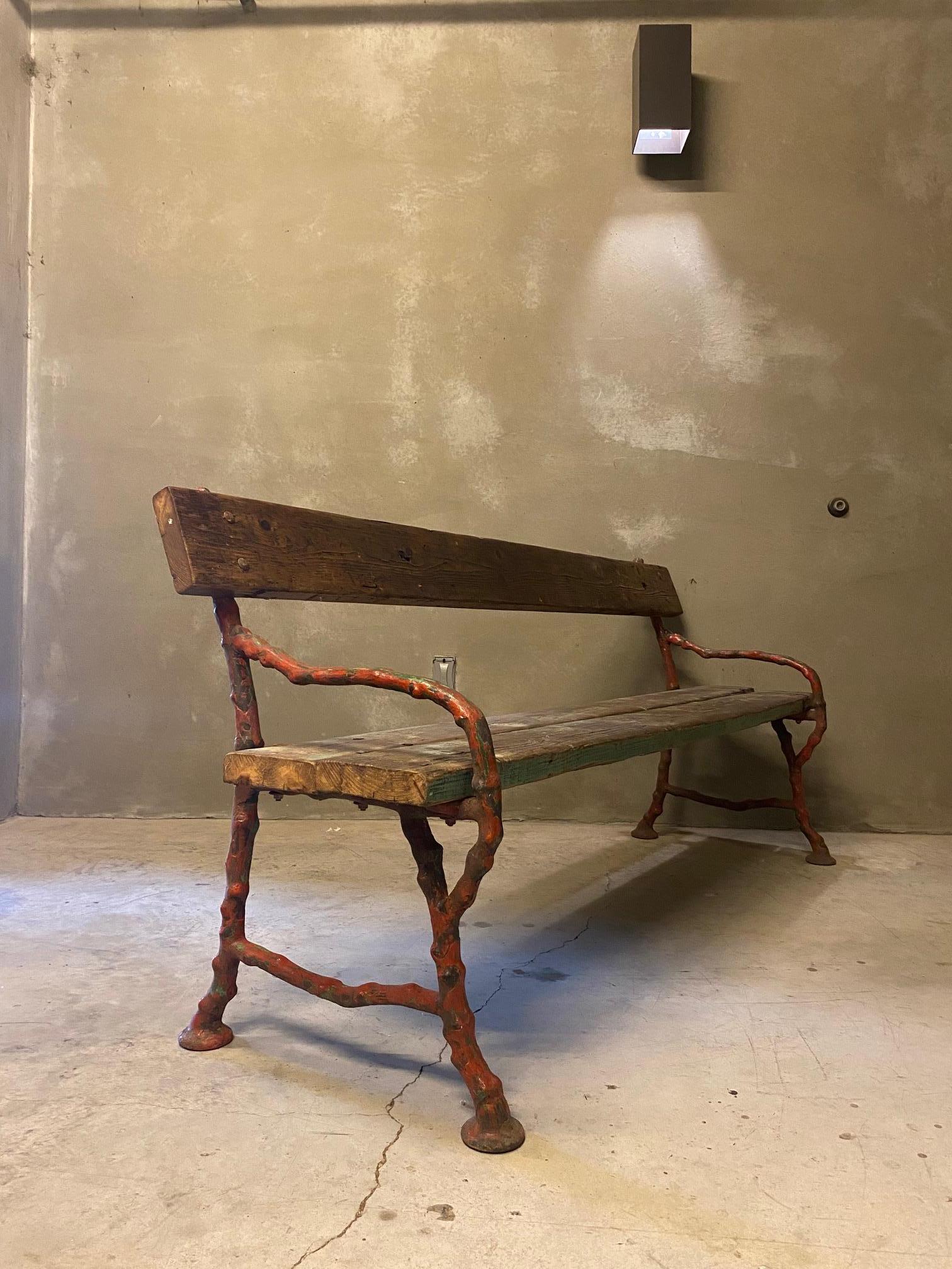 French Cast Iron Faux Bois Garden Bench, Red & Green Trim, France, 1920's