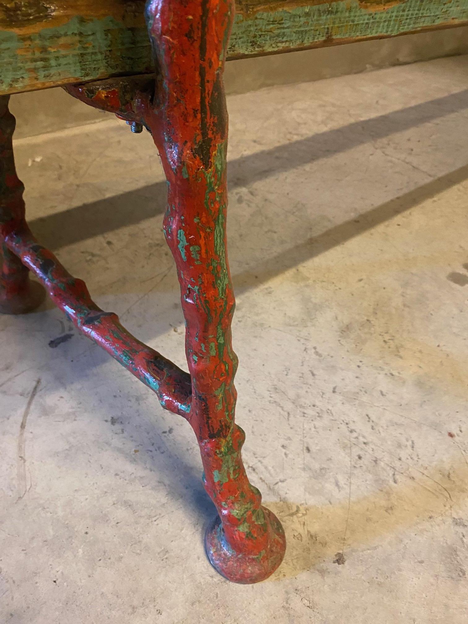 Cast Iron Faux Bois Garden Bench, Red & Green Trim, France, 1920's In Good Condition In Austin, TX